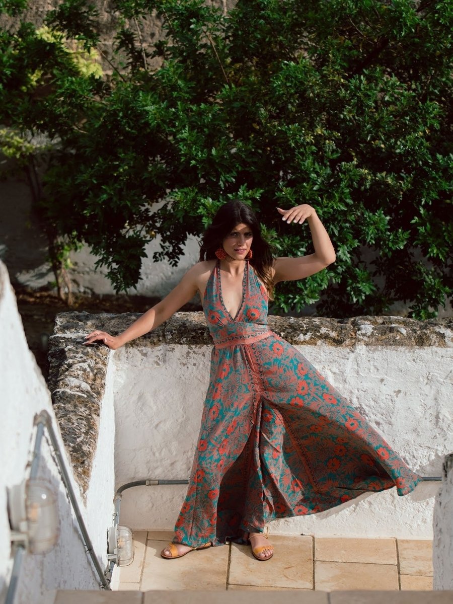 Tuta lunga in seta schiena scoperta Elisa - arancione - Bijondo