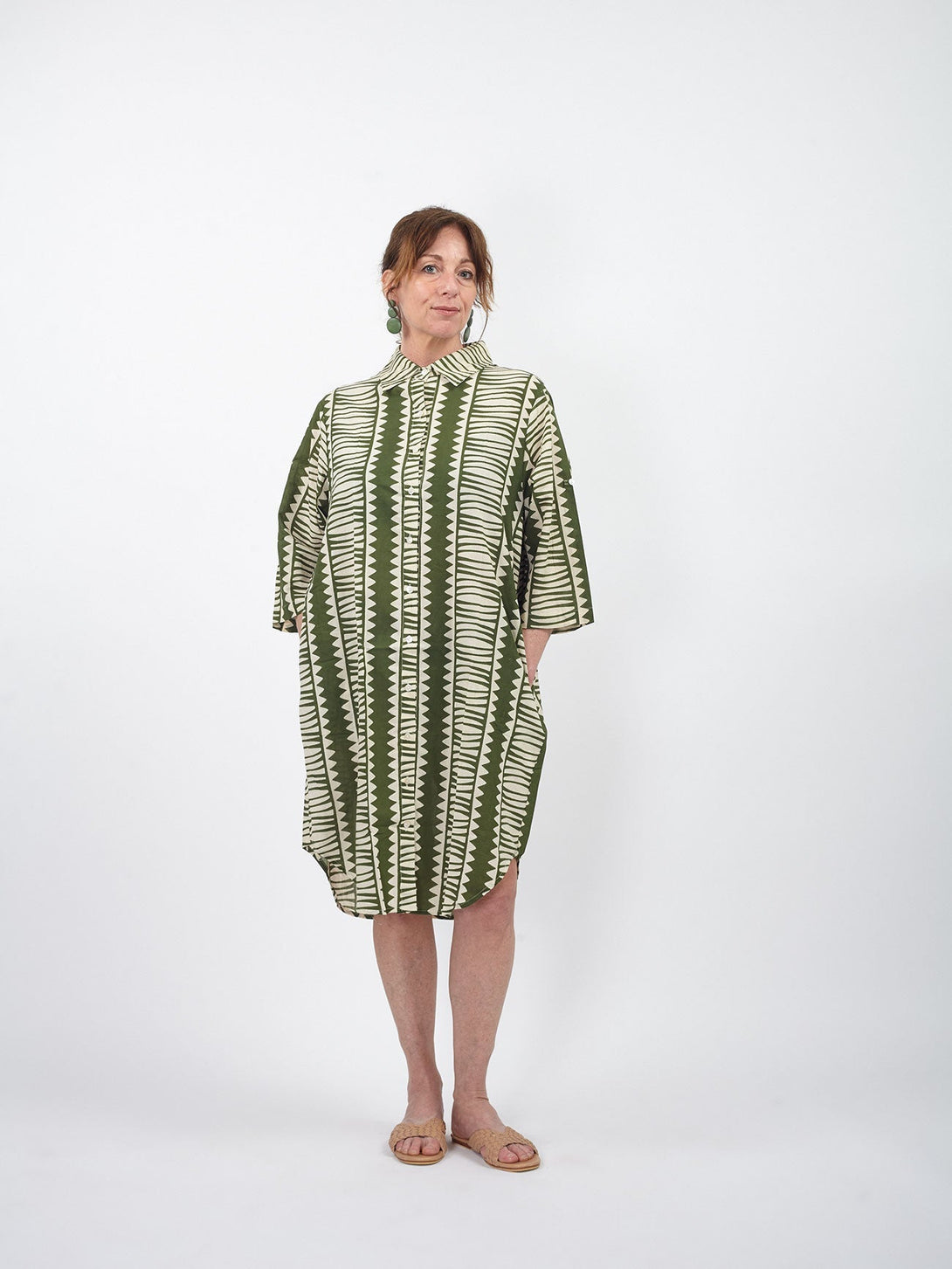 Vestito Camicione cotone fantasia boho Kim-verde-Bijondo