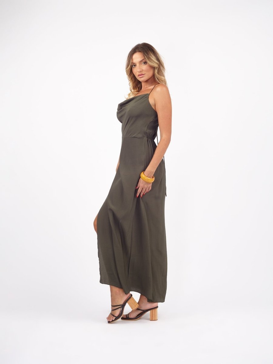 Vestito Slip rayon con spacco Priya - verde - Bijondo