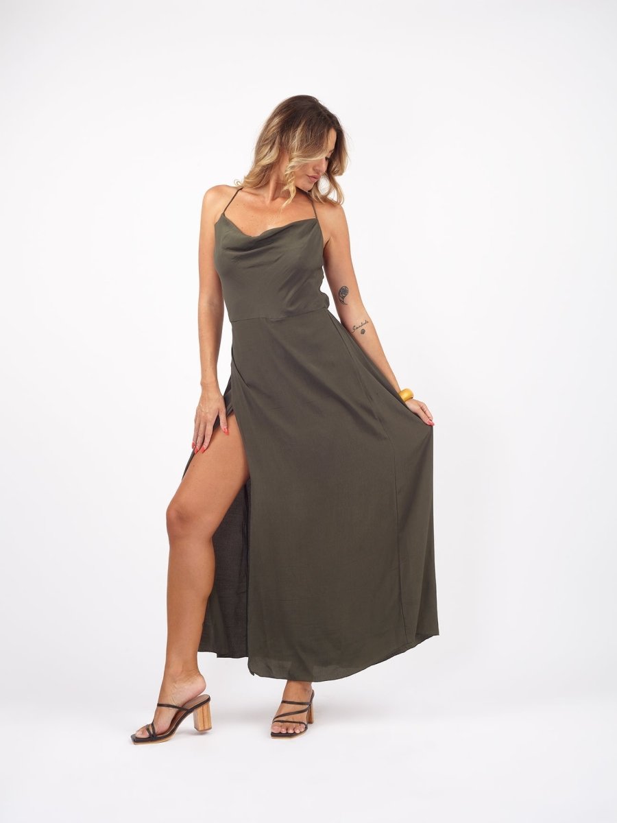 Vestito Slip rayon con spacco Priya - verde - Bijondo