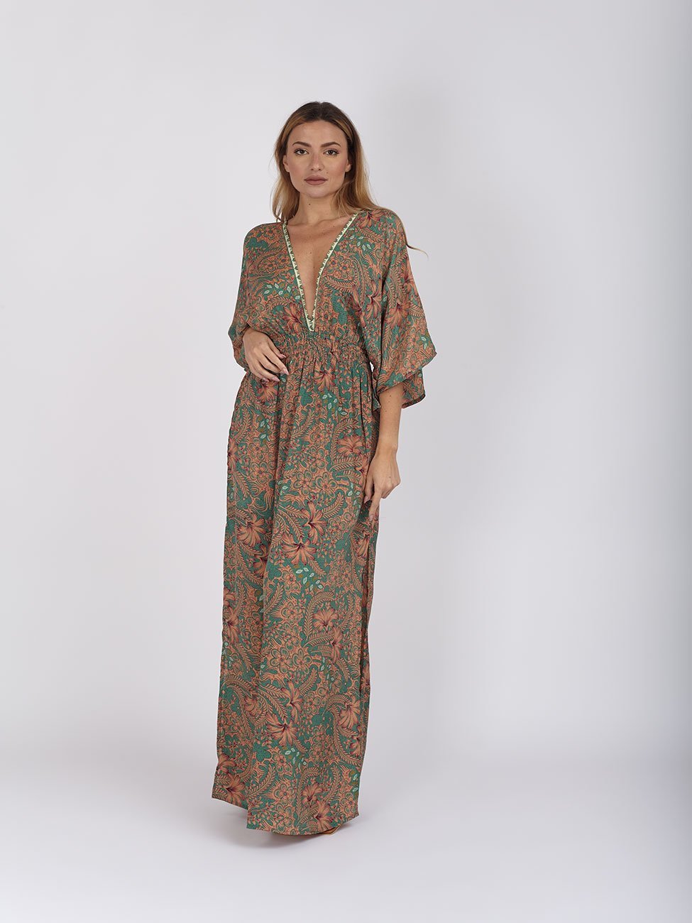 Vestito caftano lungo in seta Katya - salmone - Bijondo