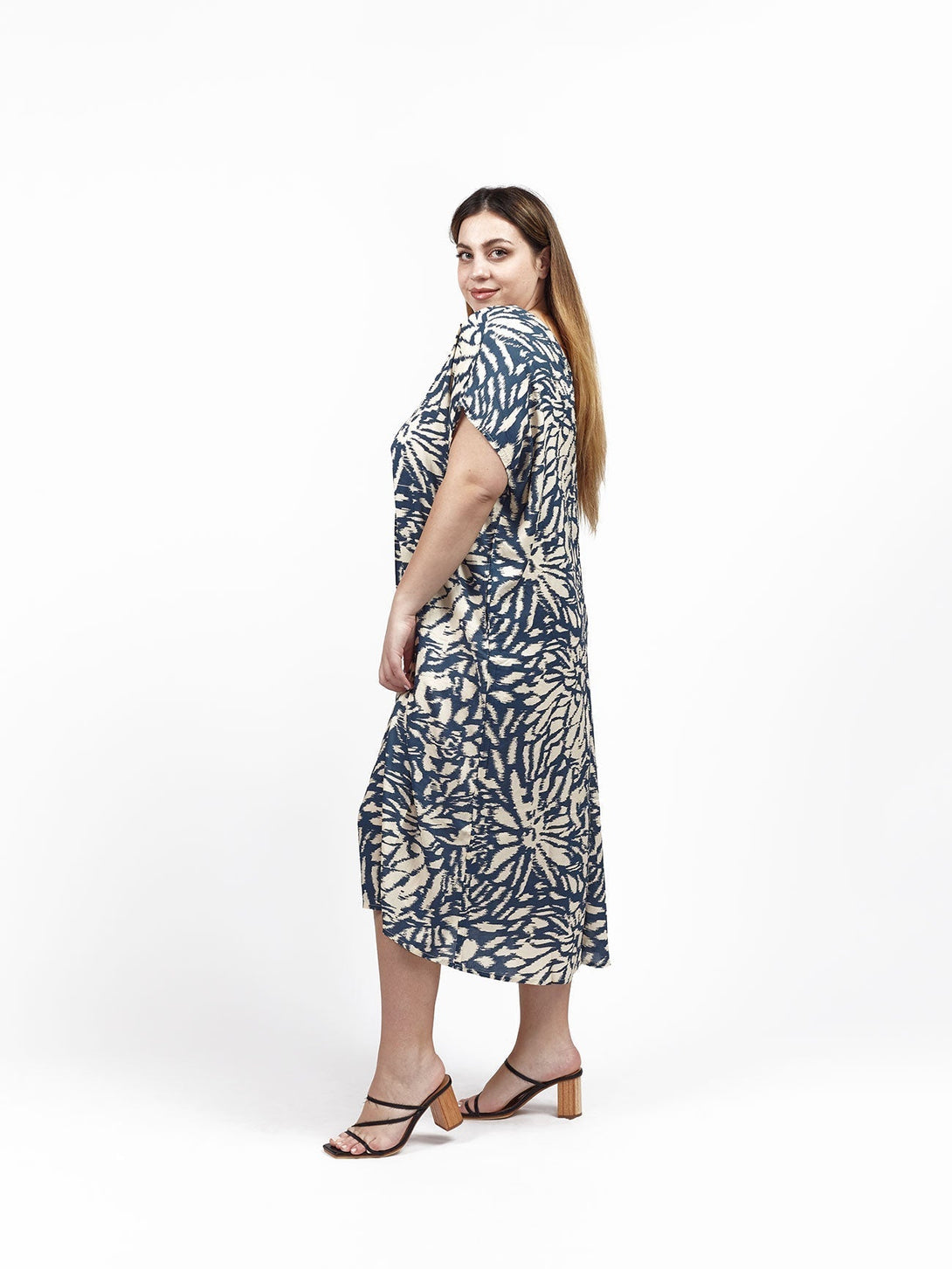 Vestito caftano viscosa scollo V Milena - blu - Bijondo