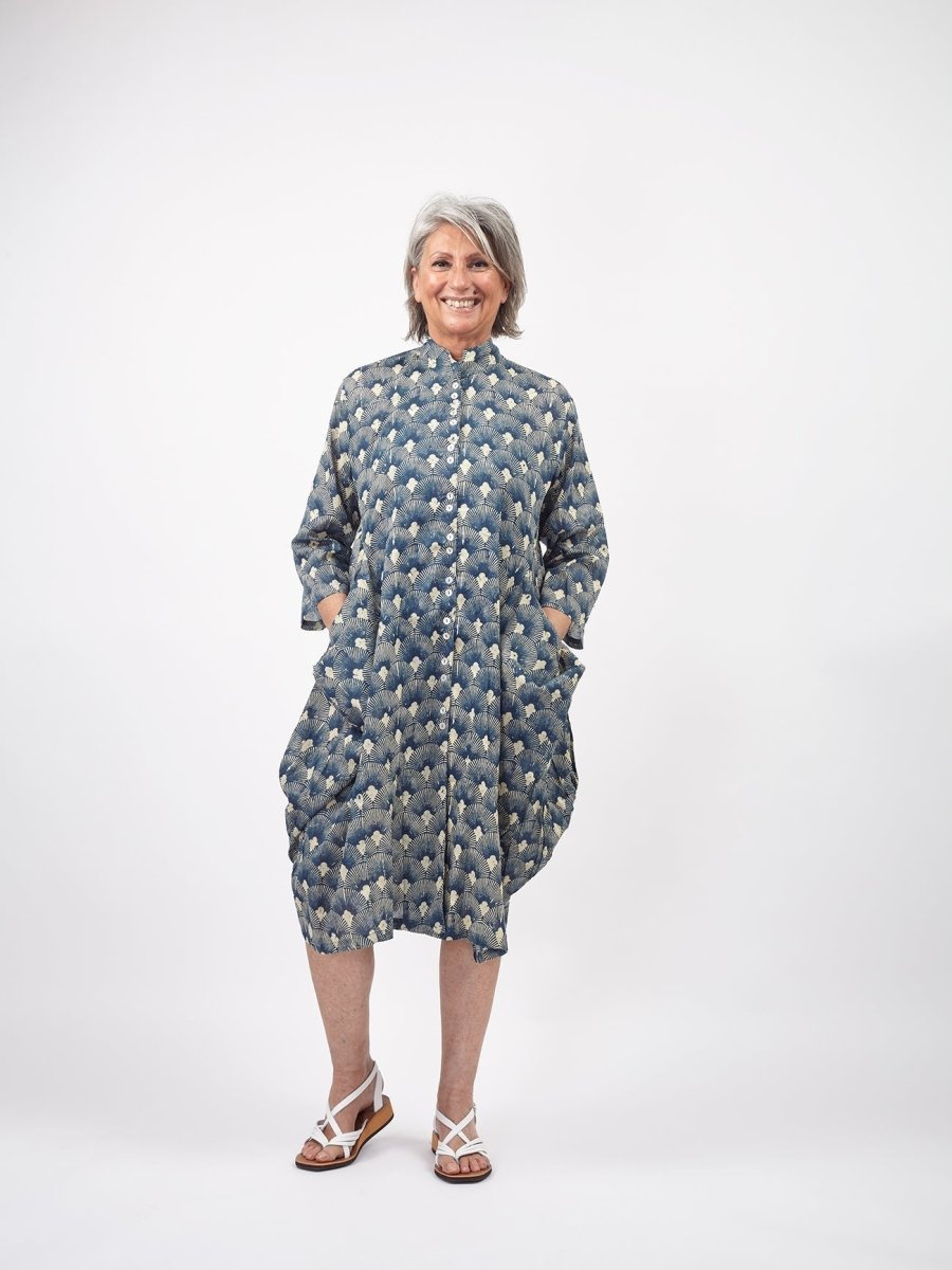 Vestito camicione cotone Jhola - blu blockprint - Bijondo