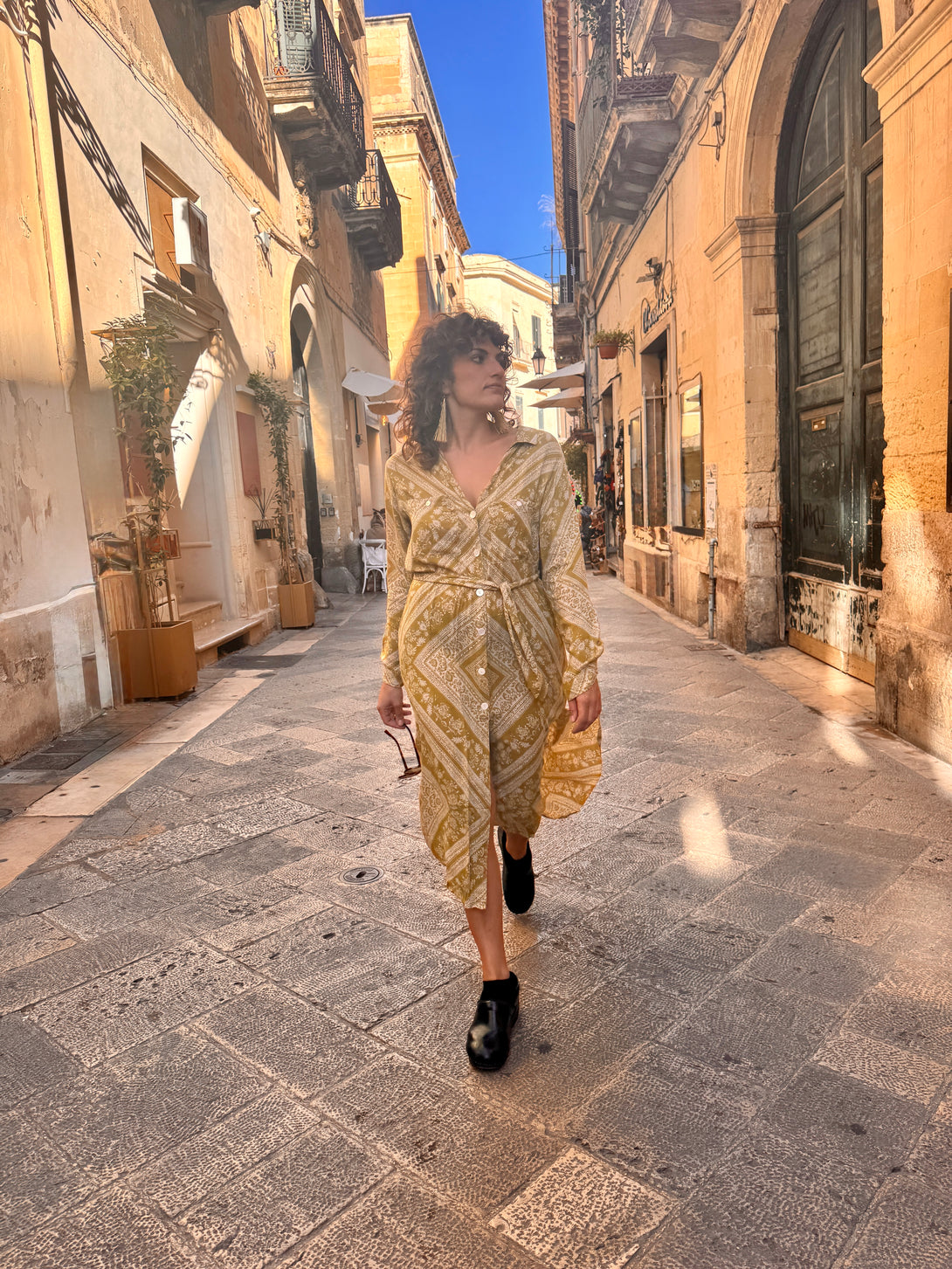 Vestito, camicione rayon con bottoni madreperla e cintura Noelle-Vestito-Lakra-Bijondo