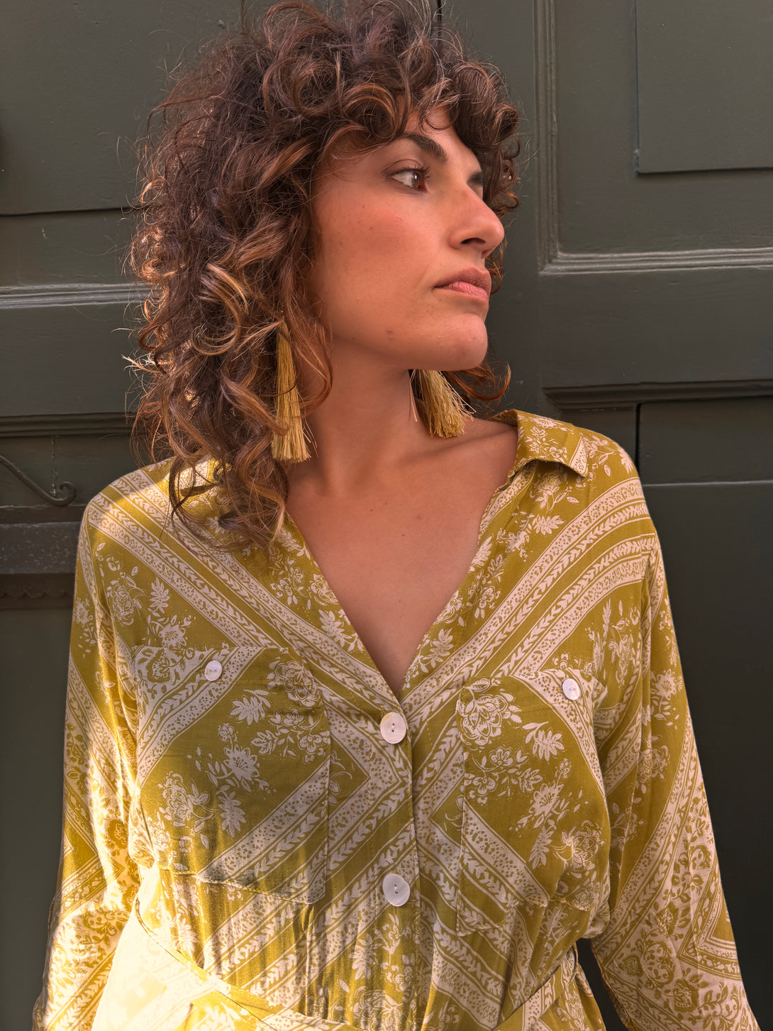 Vestito, camicione rayon con bottoni madreperla e cintura Noelle-Vestito-Lakra-Senape-S-M-Bijondo