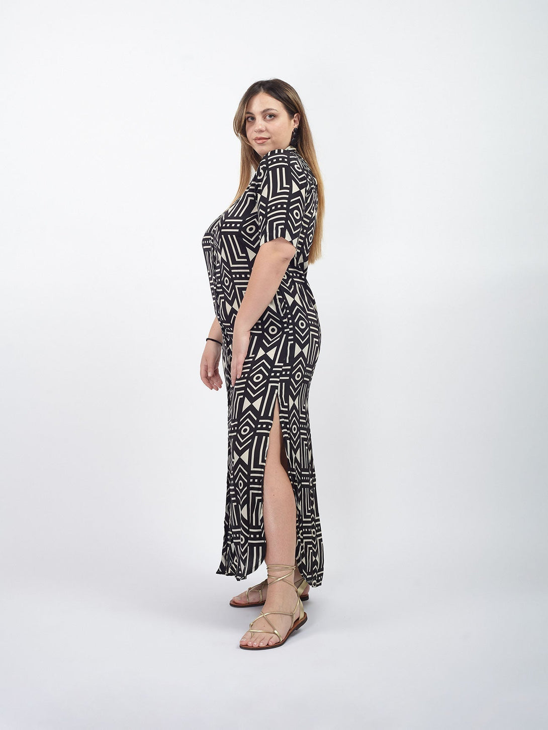 Vestito chemisier spacchi laterali Greta-nero-Bijondo