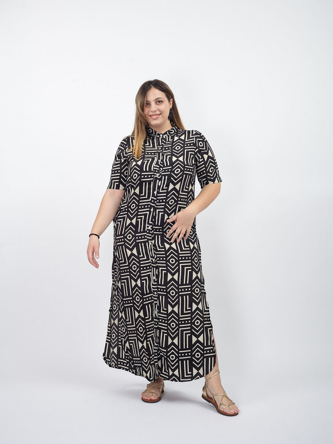 Vestito chemisier spacchi laterali Greta-nero-Bijondo