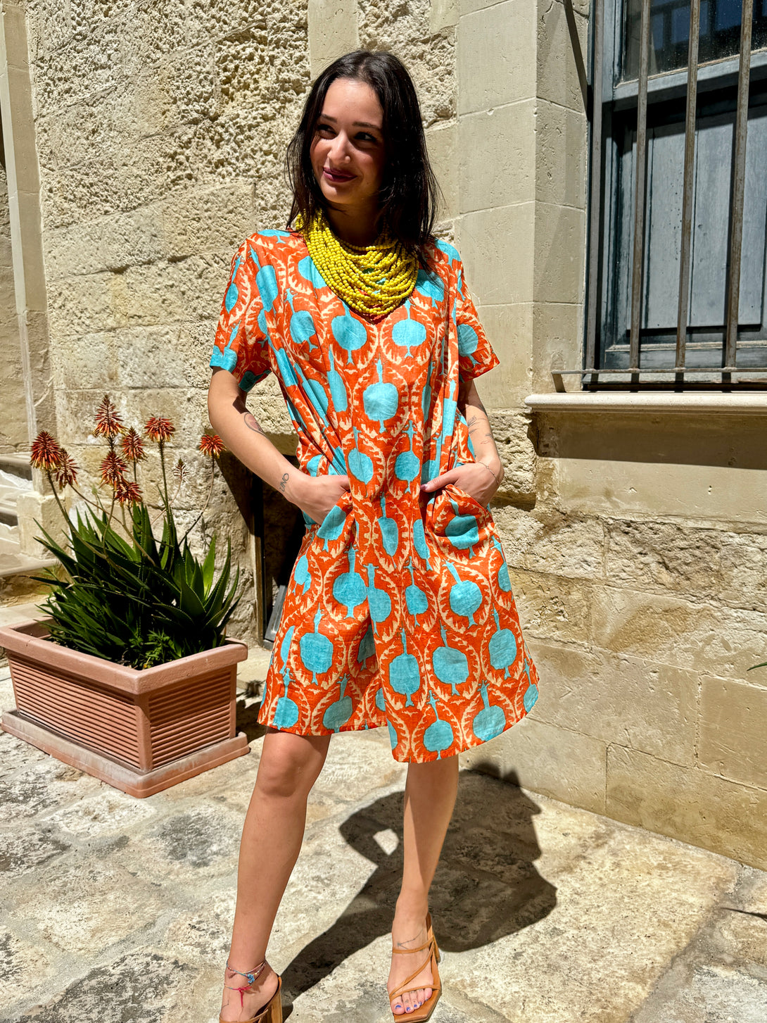 Vestito corto Cotone Melograno-Vestito-Bijondo-Bijondo