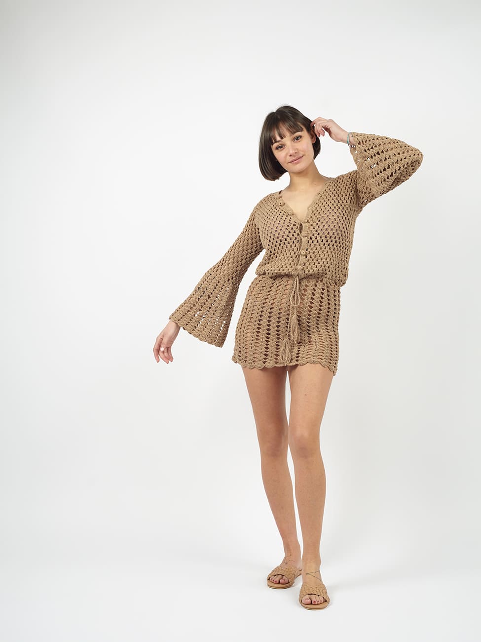 Vestito corto Crochet Emiko - biscotto - Bijondo