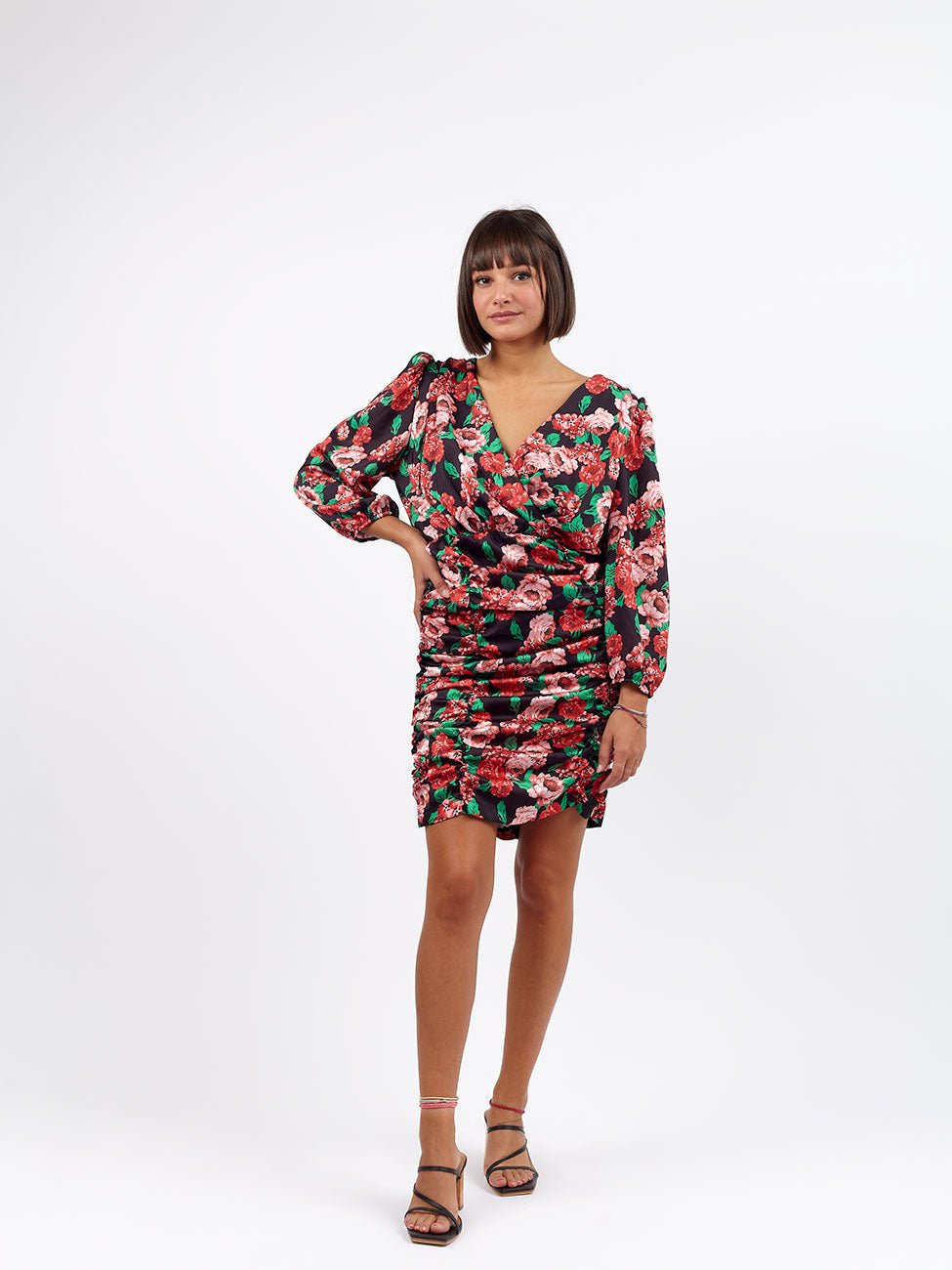 Vestito corto floreale drappeggiato Dolores - rosso - Bijondo