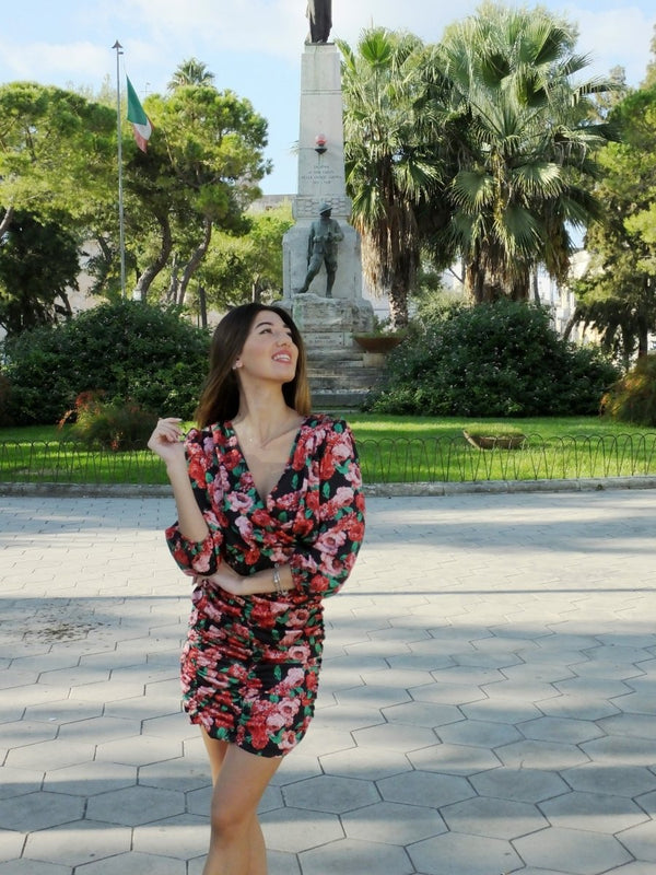 Vestito corto floreale drappeggiato Dolores - rosso - Bijondo