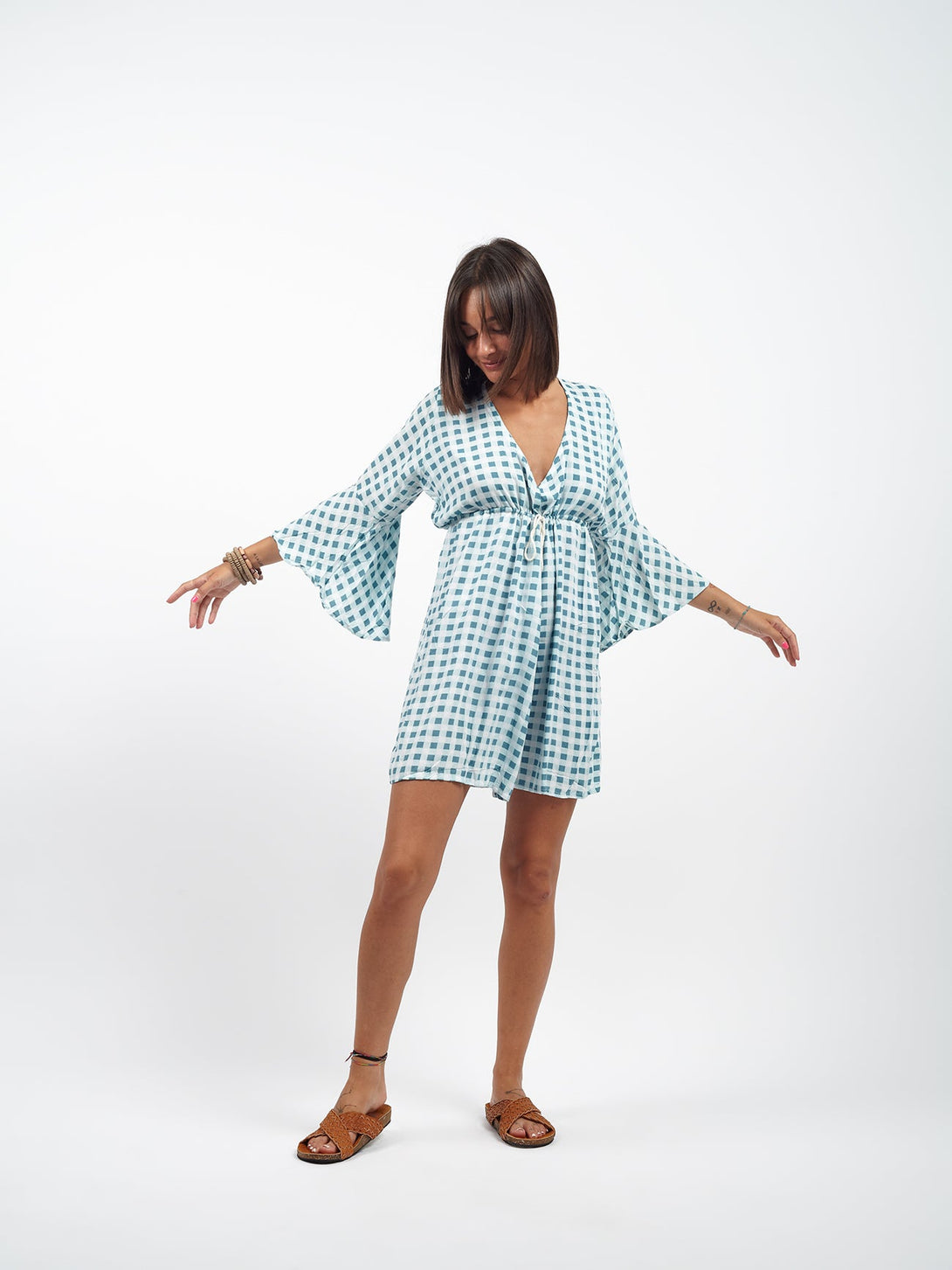 Vestito corto manica lunga Paola-celeste-taglia unica-Bijondo