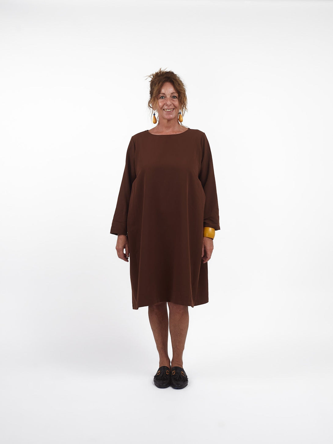 Vestito corto over tasche con fiocchetti Natalie-marrone-taglia unica-Bijondo