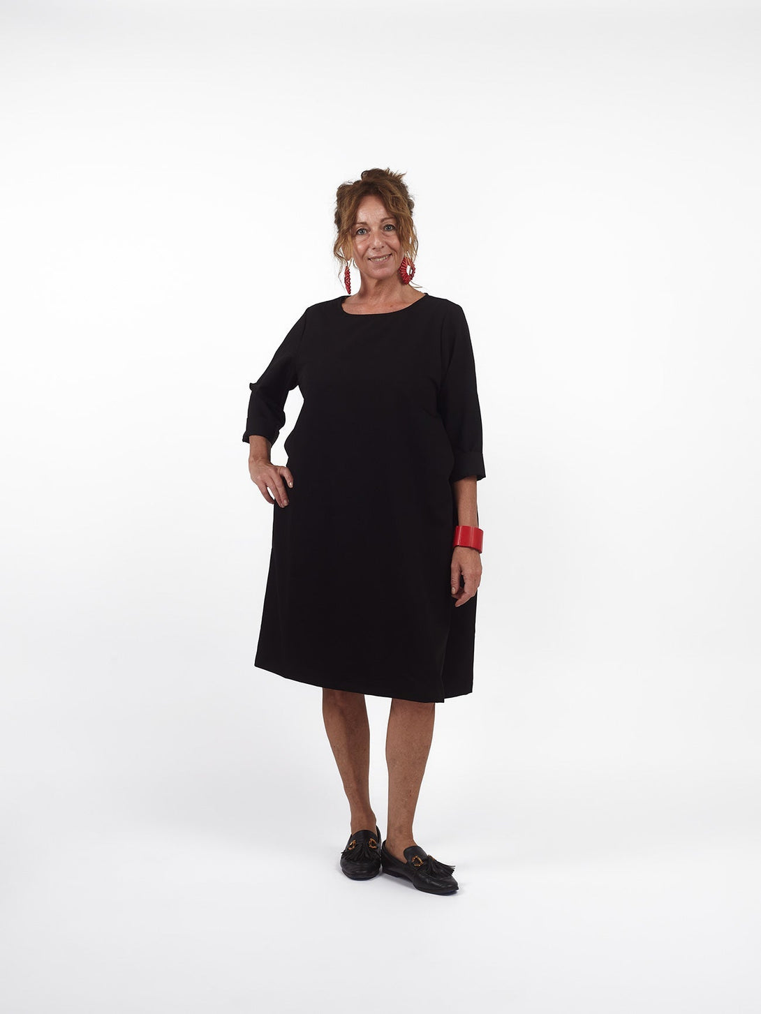 Vestito corto over tasche con fiocchetti Natalie-nero-taglia unica-Bijondo