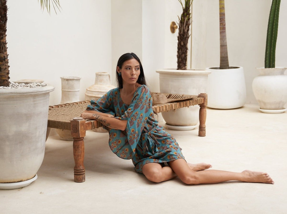 Vestito corto rayon Ava con cintura - floreale - Bijondo