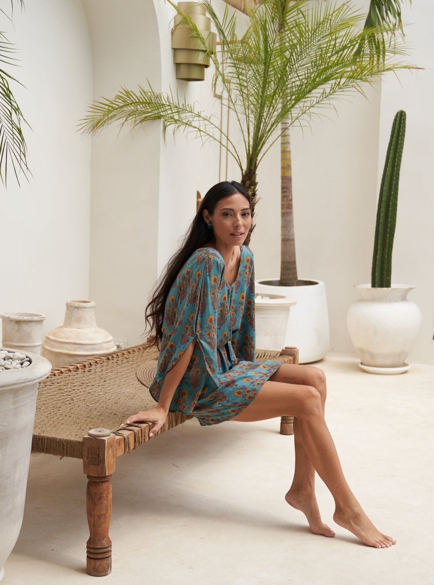 Vestito corto rayon Ava con cintura - floreale - Bijondo