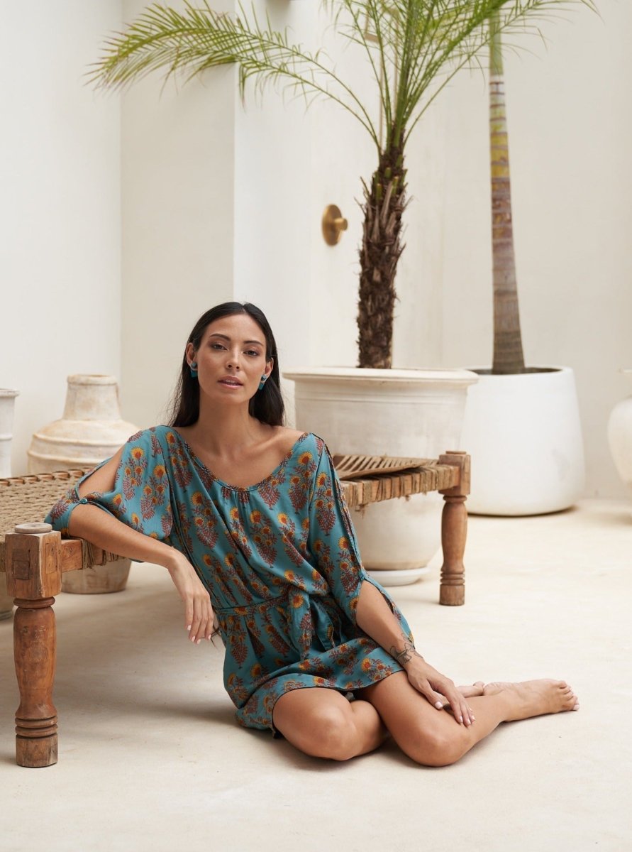 Vestito corto rayon Ava con cintura - floreale - Bijondo