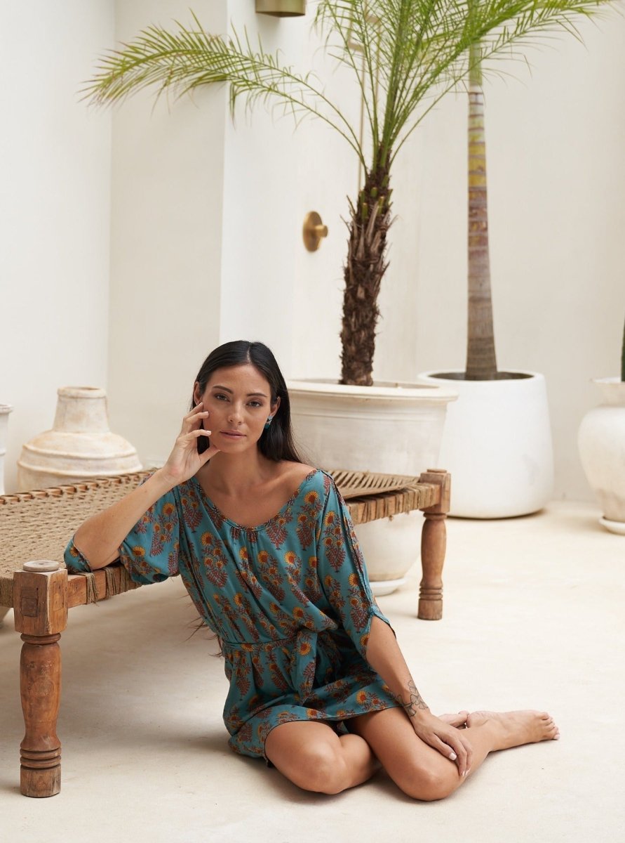 Vestito corto rayon Ava con cintura - floreale - Bijondo