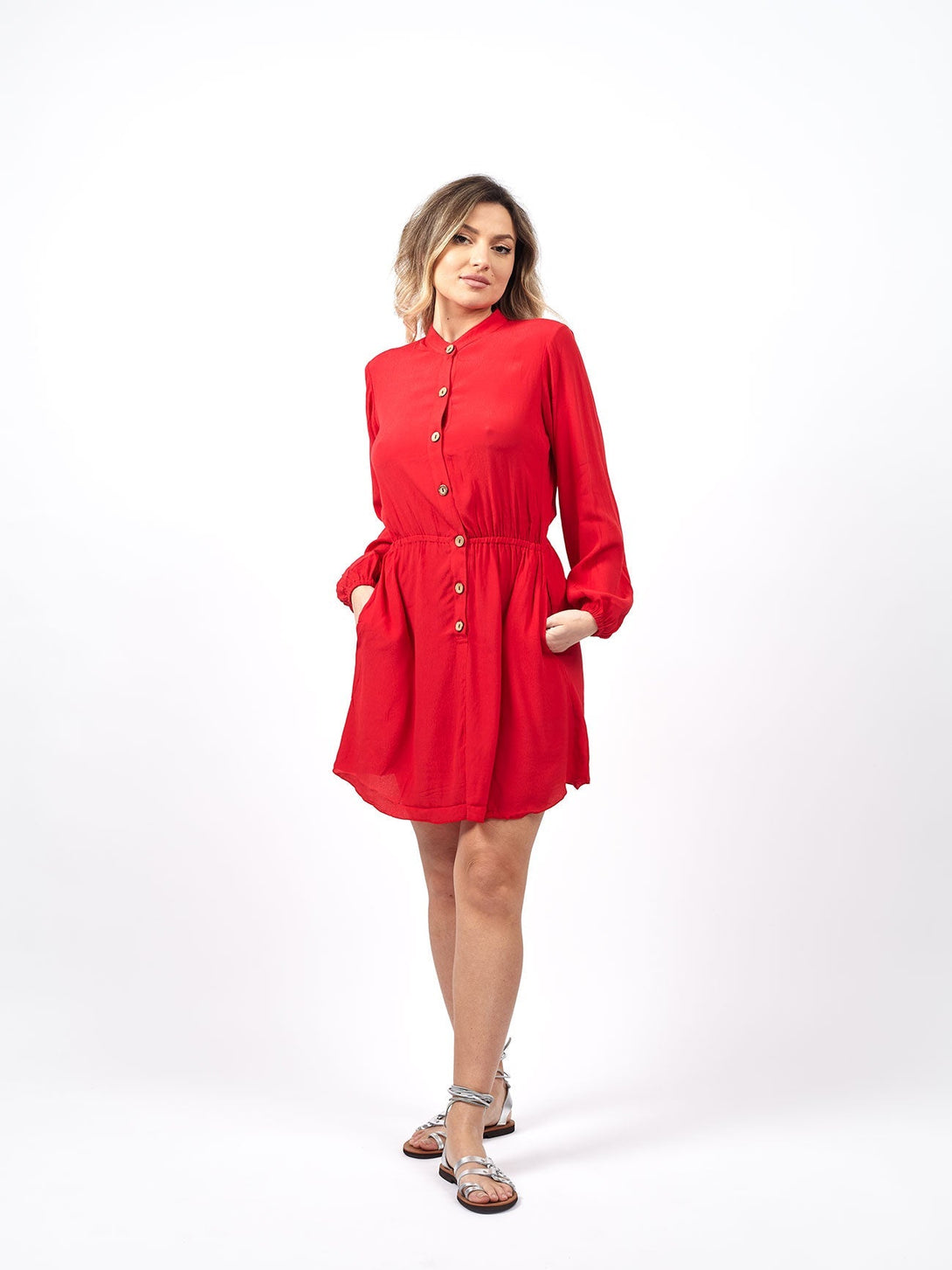 Vestito corto rayon con bottoni Noemi-rosso-Bijondo