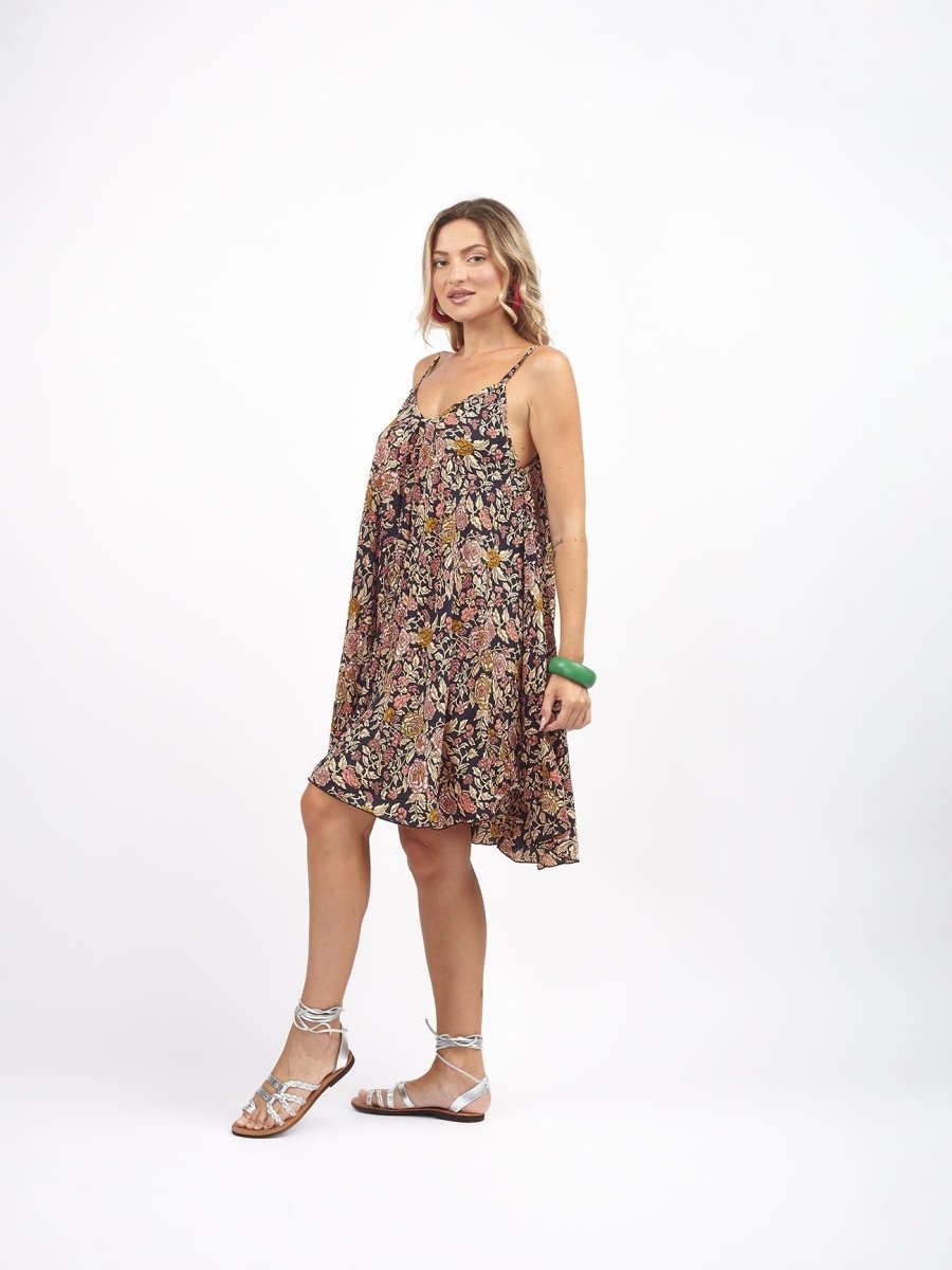 Vestito corto rayon con bretelline a ruota Yola - nero - Bijondo