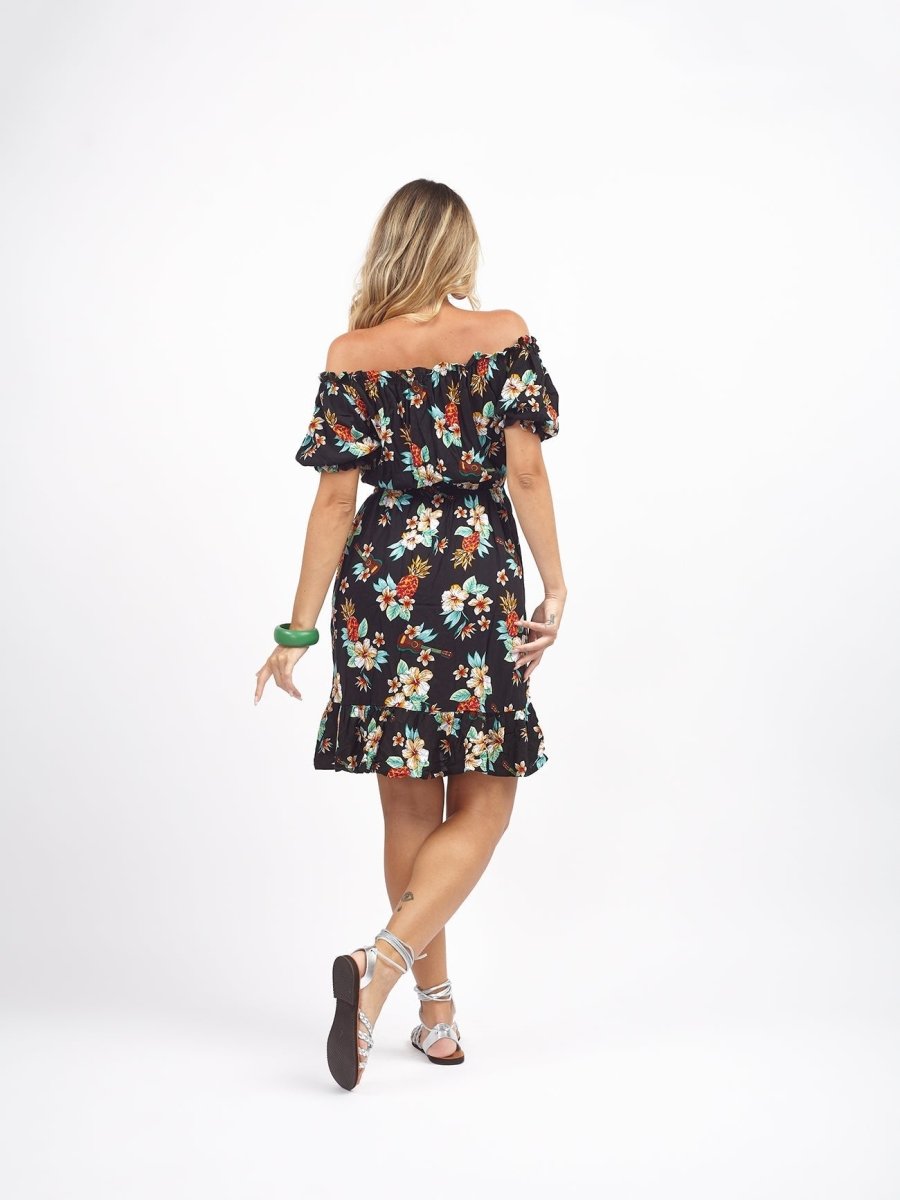 Vestito corto rayon scollo bardot Kerut - nero ananas - Bijondo