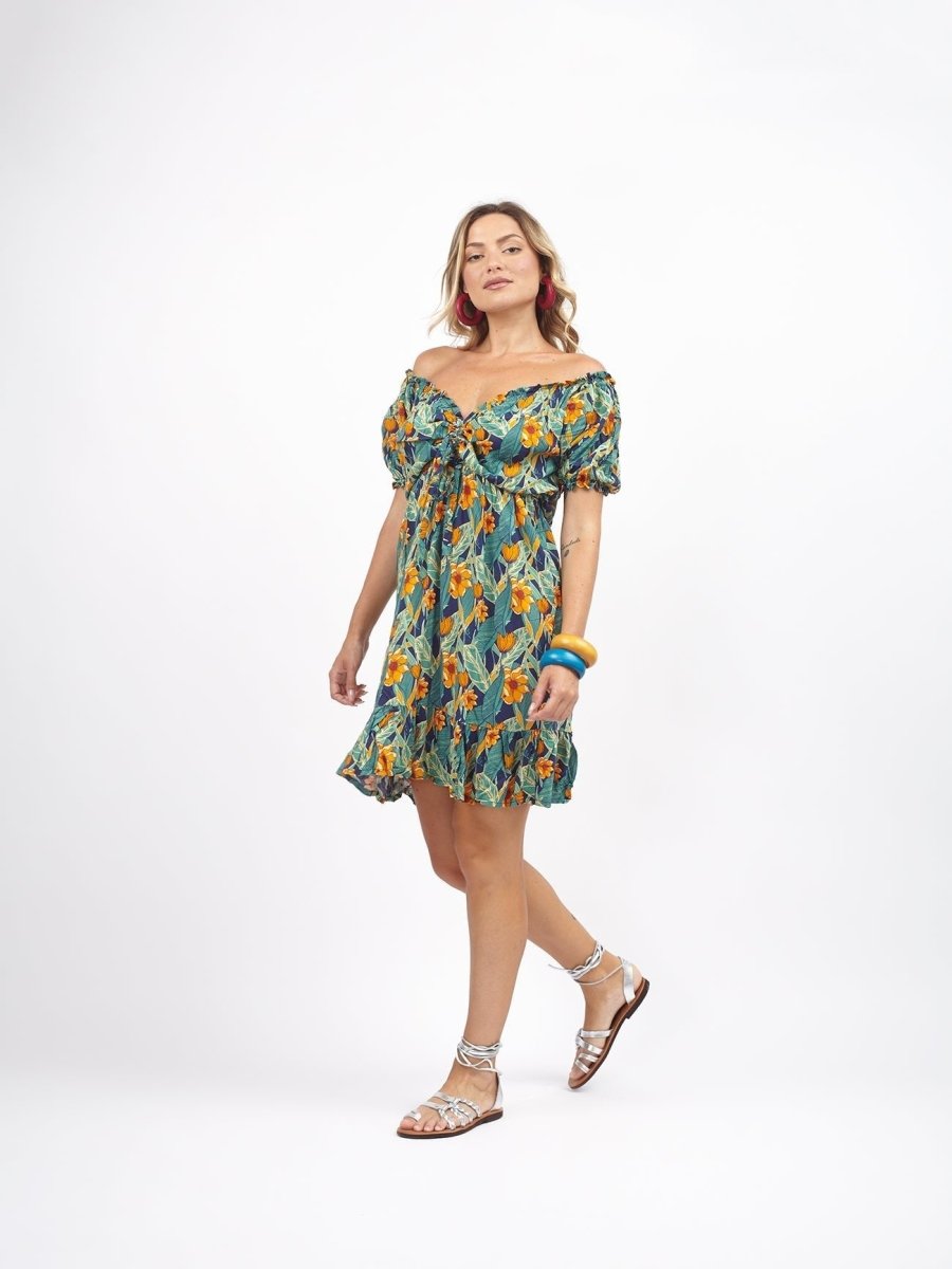 Vestito corto rayon scollo bardot Kerut - arancione - Bijondo