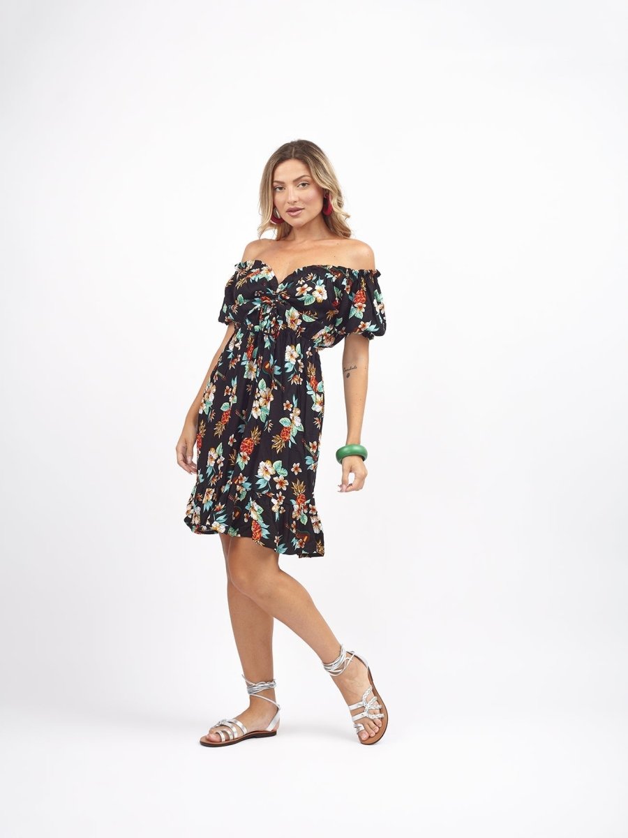 Vestito corto rayon scollo bardot Kerut - nero ananas - Bijondo