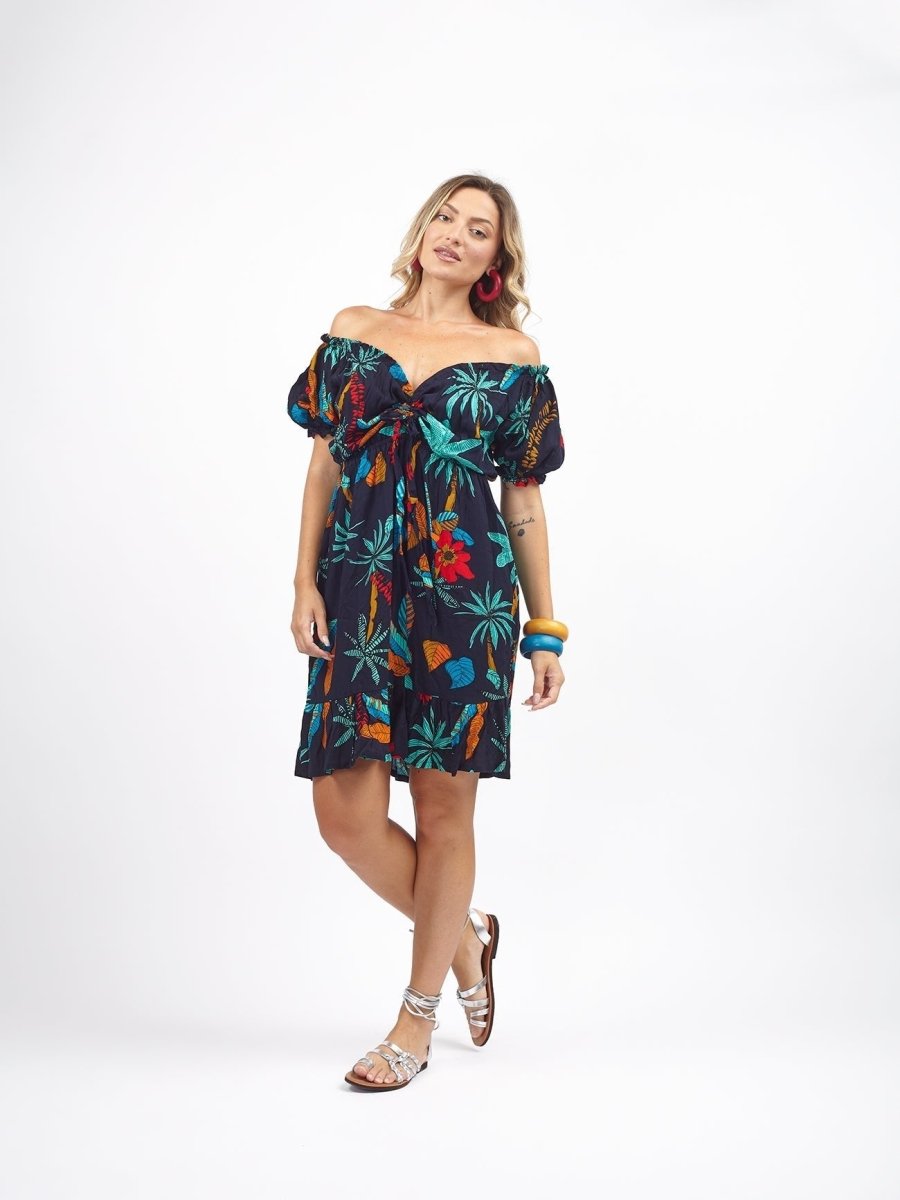 Vestito corto rayon scollo bardot Kerut - nero palme - Bijondo