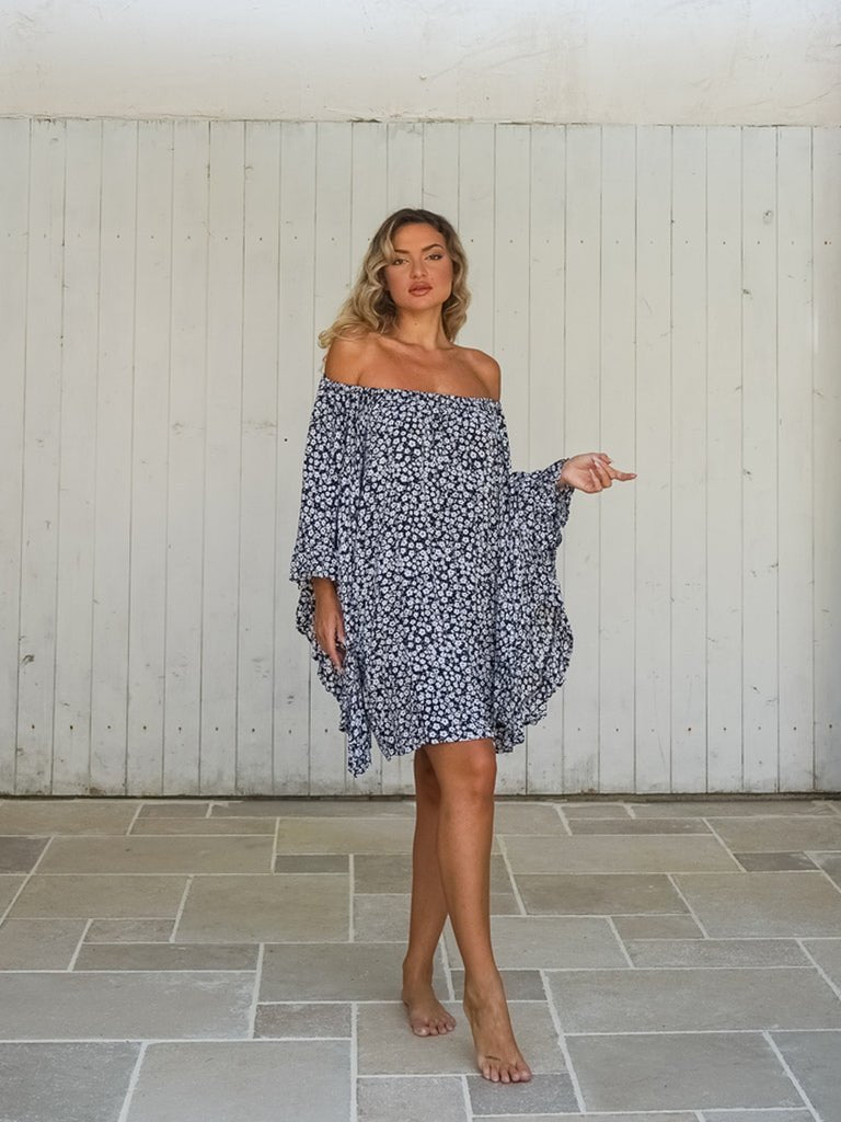 Vestito corto scollo bardot manica ventaglio Christelle - grigio fiori - Bijondo