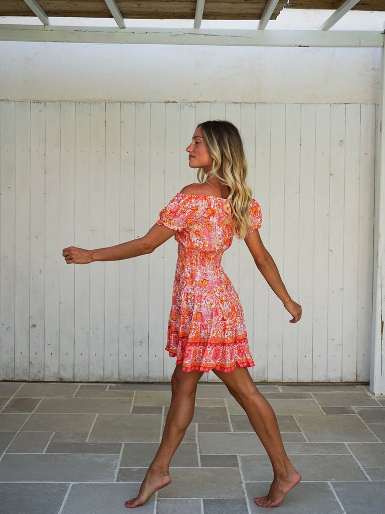 Vestito corto scollo bardot rayon Nerea - corallo - Bijondo