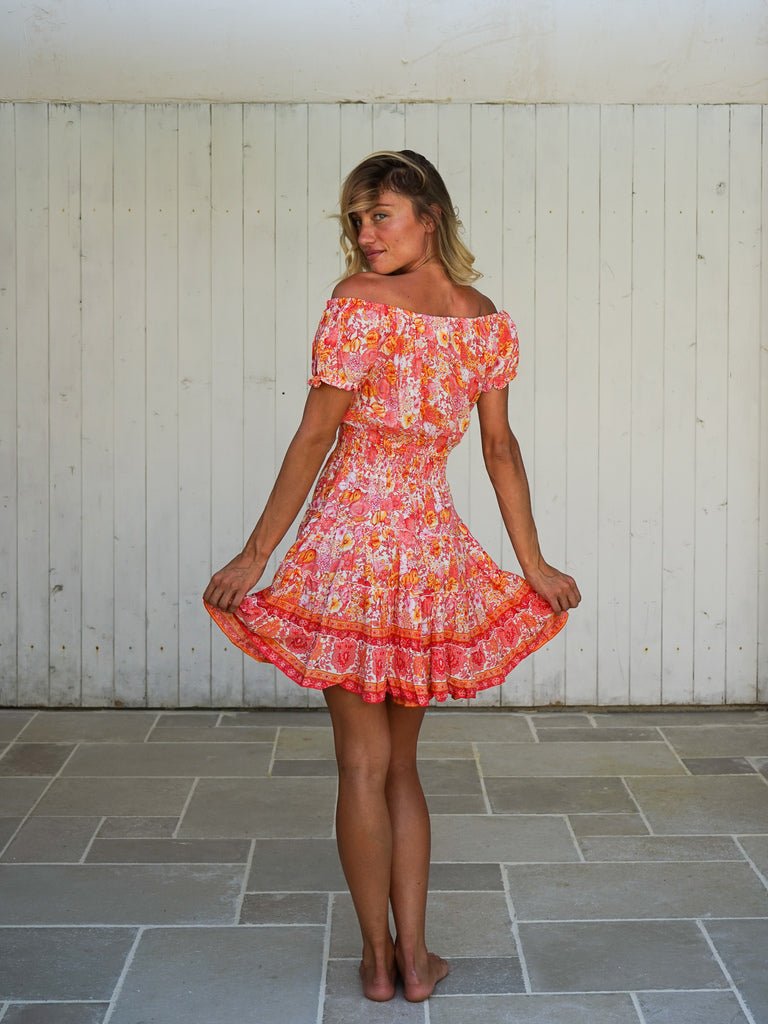 Vestito corto scollo bardot rayon Nerea - corallo - Bijondo