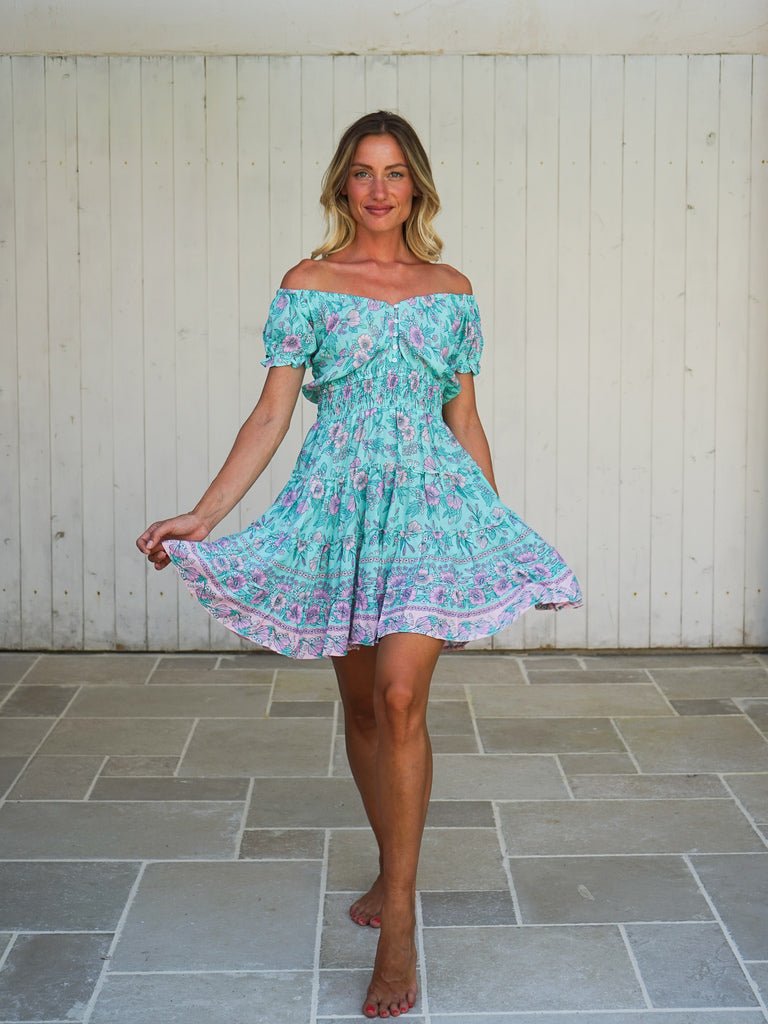 Vestito corto scollo bardot rayon Nerea - acquamarina - Bijondo