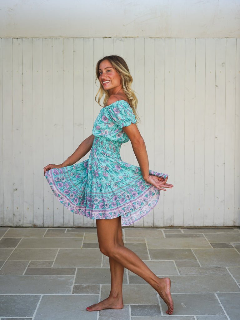 Vestito corto scollo bardot rayon Nerea - acquamarina - Bijondo