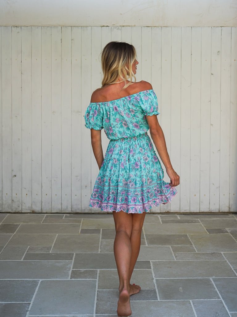 Vestito corto scollo bardot rayon Nerea - acquamarina - Bijondo