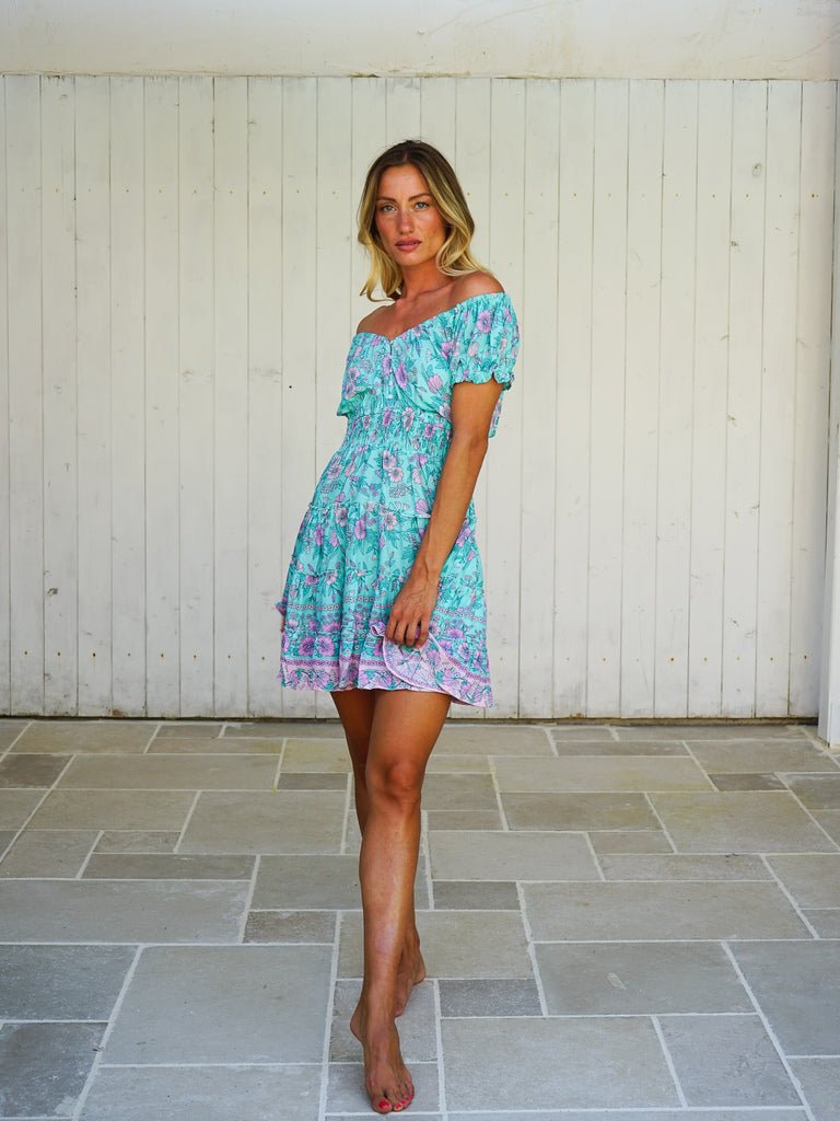 Vestito corto scollo bardot rayon Nerea - acquamarina - Bijondo