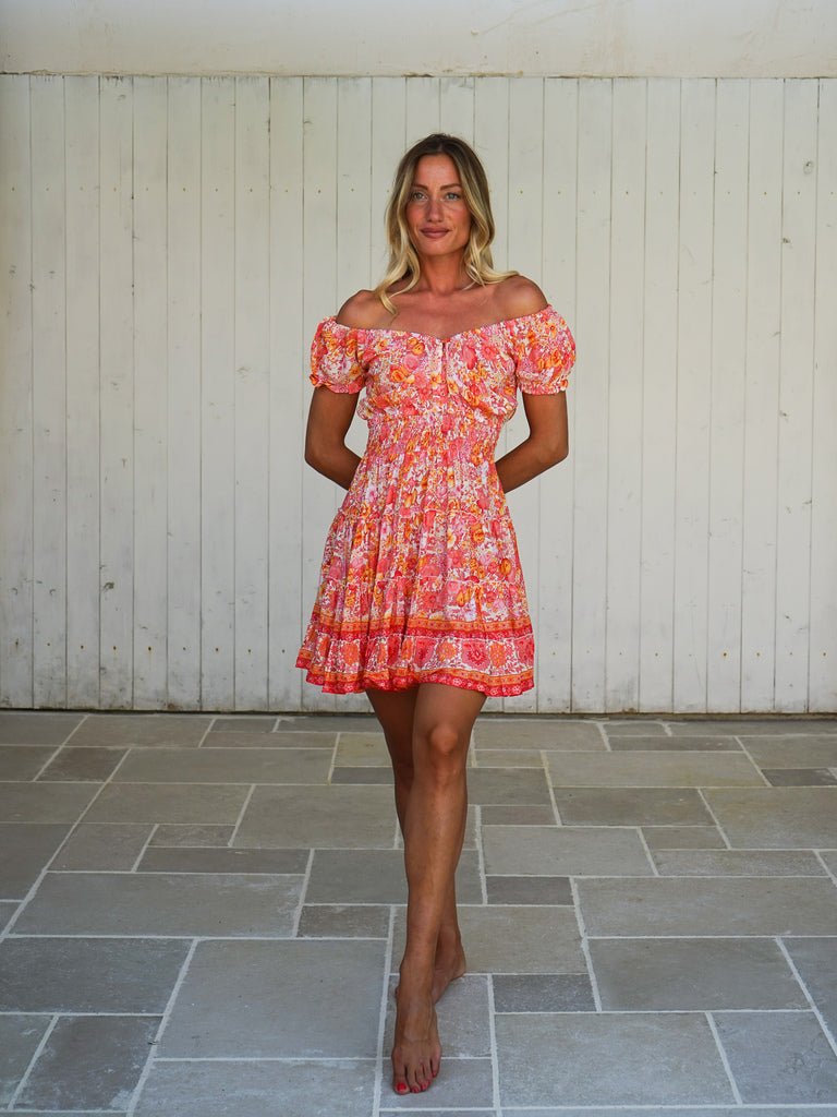 Vestito corto scollo bardot rayon Nerea - corallo - Bijondo