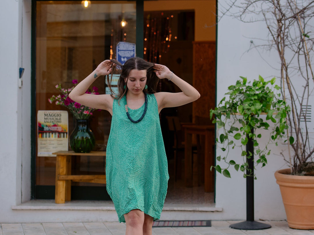 Vestito corto smanicato ovetto rayon Pia-senape-taglia unica-Bijondo