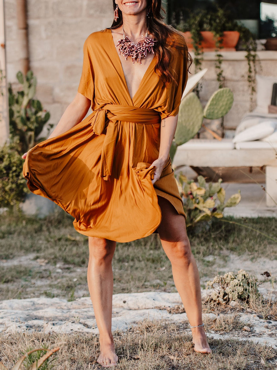 Vestito corto trasformabile Ayunita Infinity-ocra-taglia unica-Bijondo