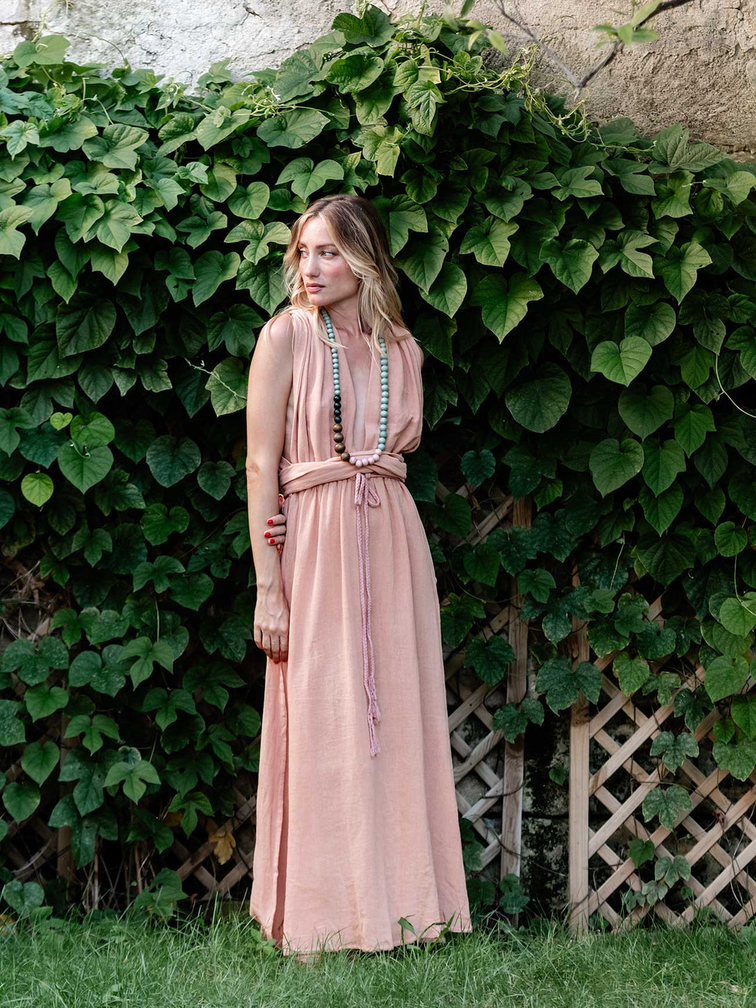 Vestito cotone greige trasformabile Livia-vestito-Bijondo-Rosa Antico-Bijondo