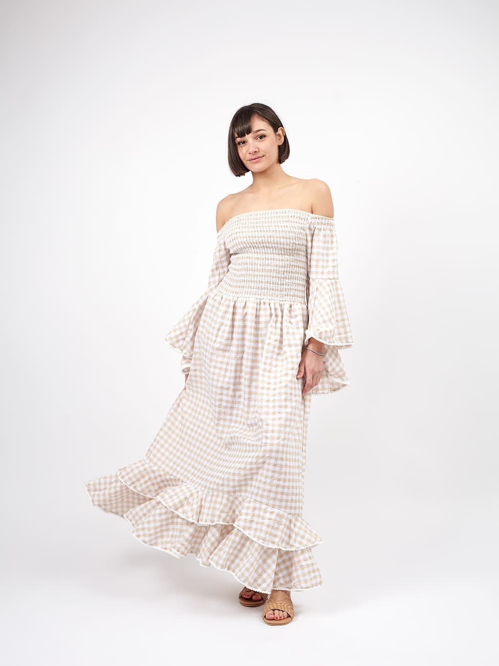 Vestito cotone lungo con balze Monique - bianco - Bijondo