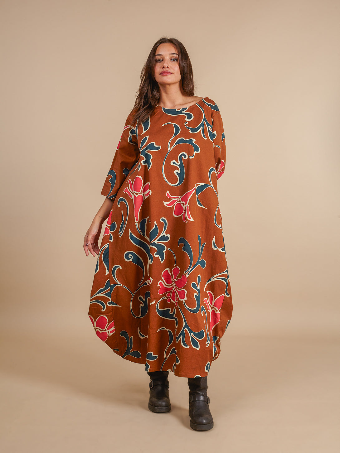 Vestito cotone lungo ovetto oversize fantasia Meg-vestito lungo-Bijondo-marrone-taglia unica-Bijondo