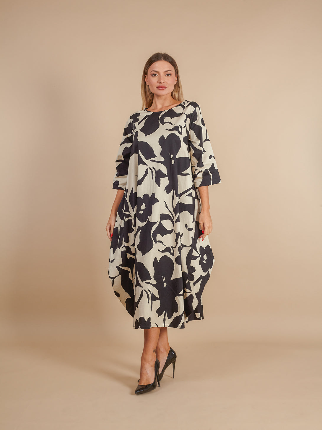 Vestito cotone lungo ovetto oversize fantasia Meg-vestito lungo-Bijondo-nero-taglia unica-Bijondo