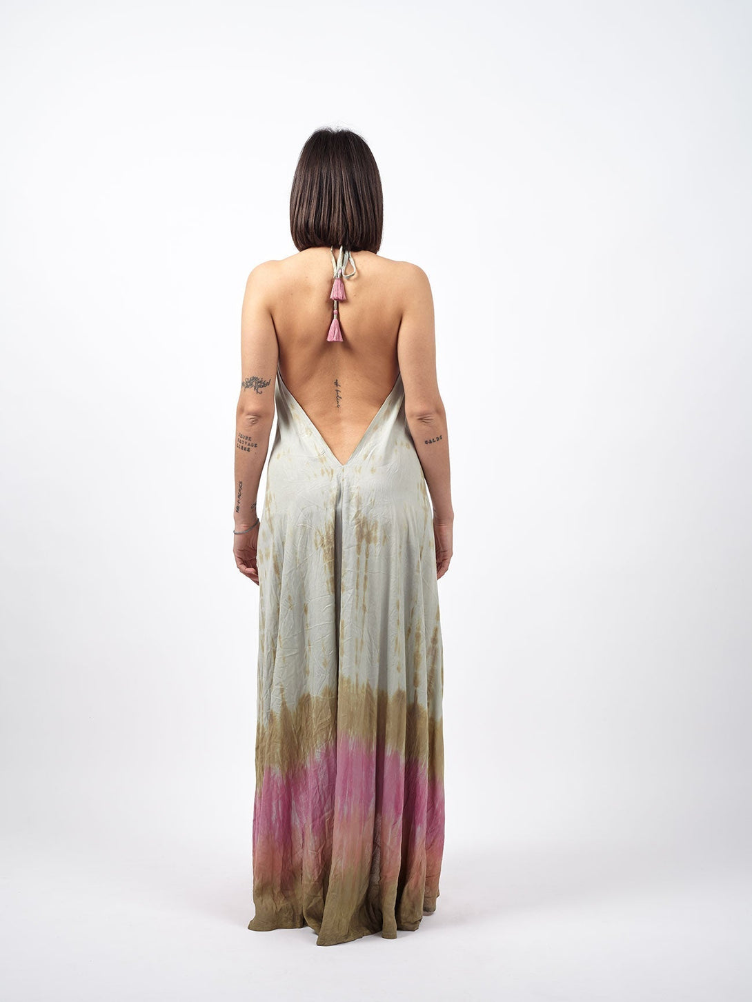 Vestito delavè open back Selene-verde rosa-Bijondo