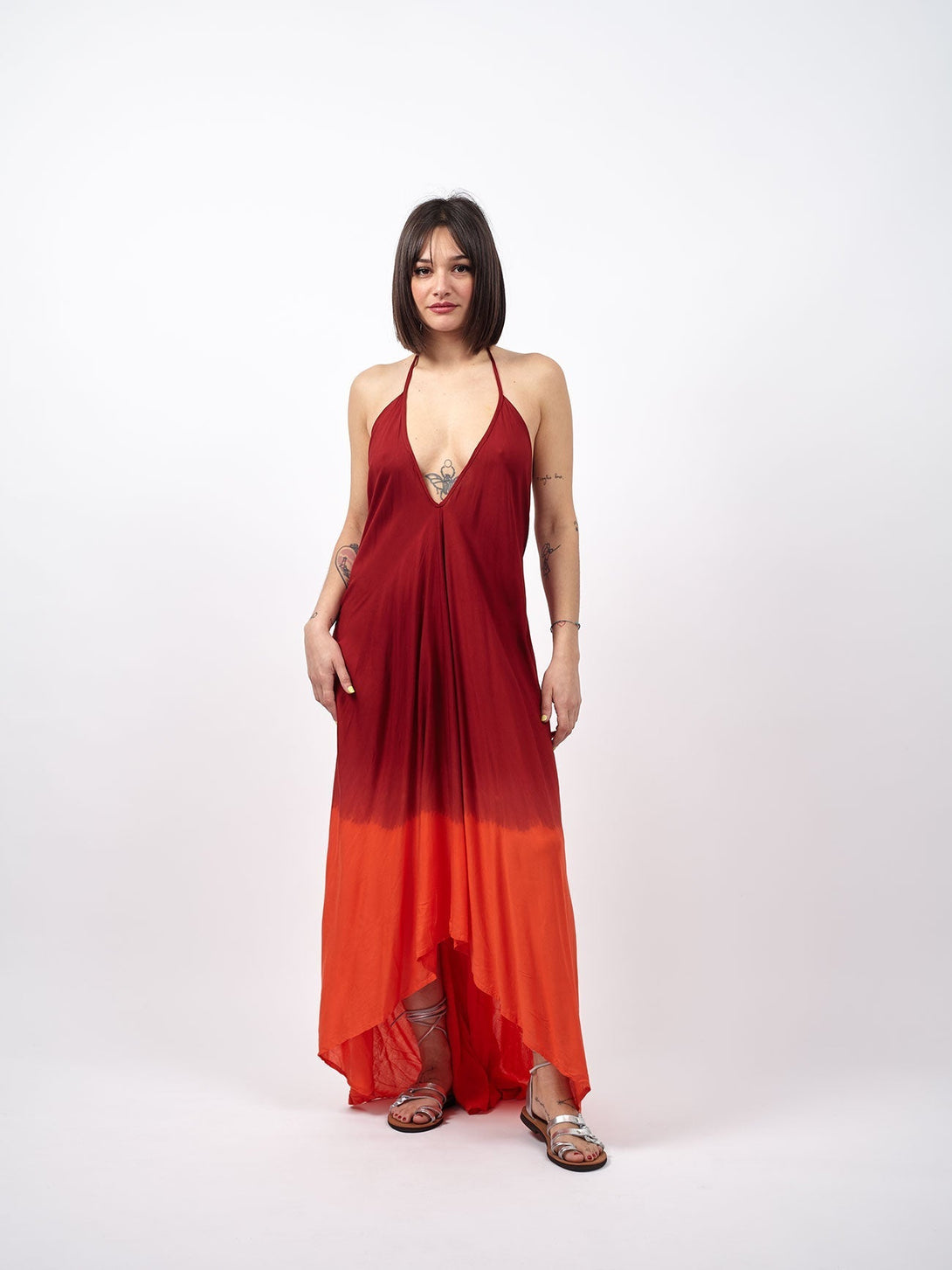 Vestito delavè open back Selene-rosso arancio-Bijondo