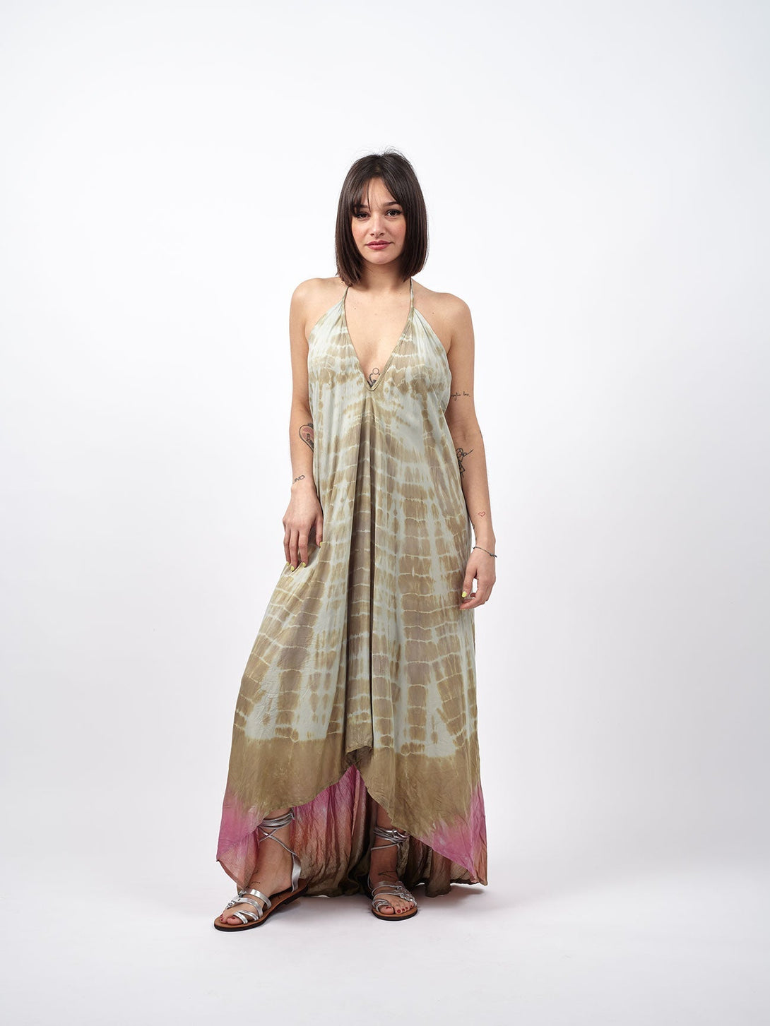 Vestito delavè open back Selene-verde rosa-Bijondo