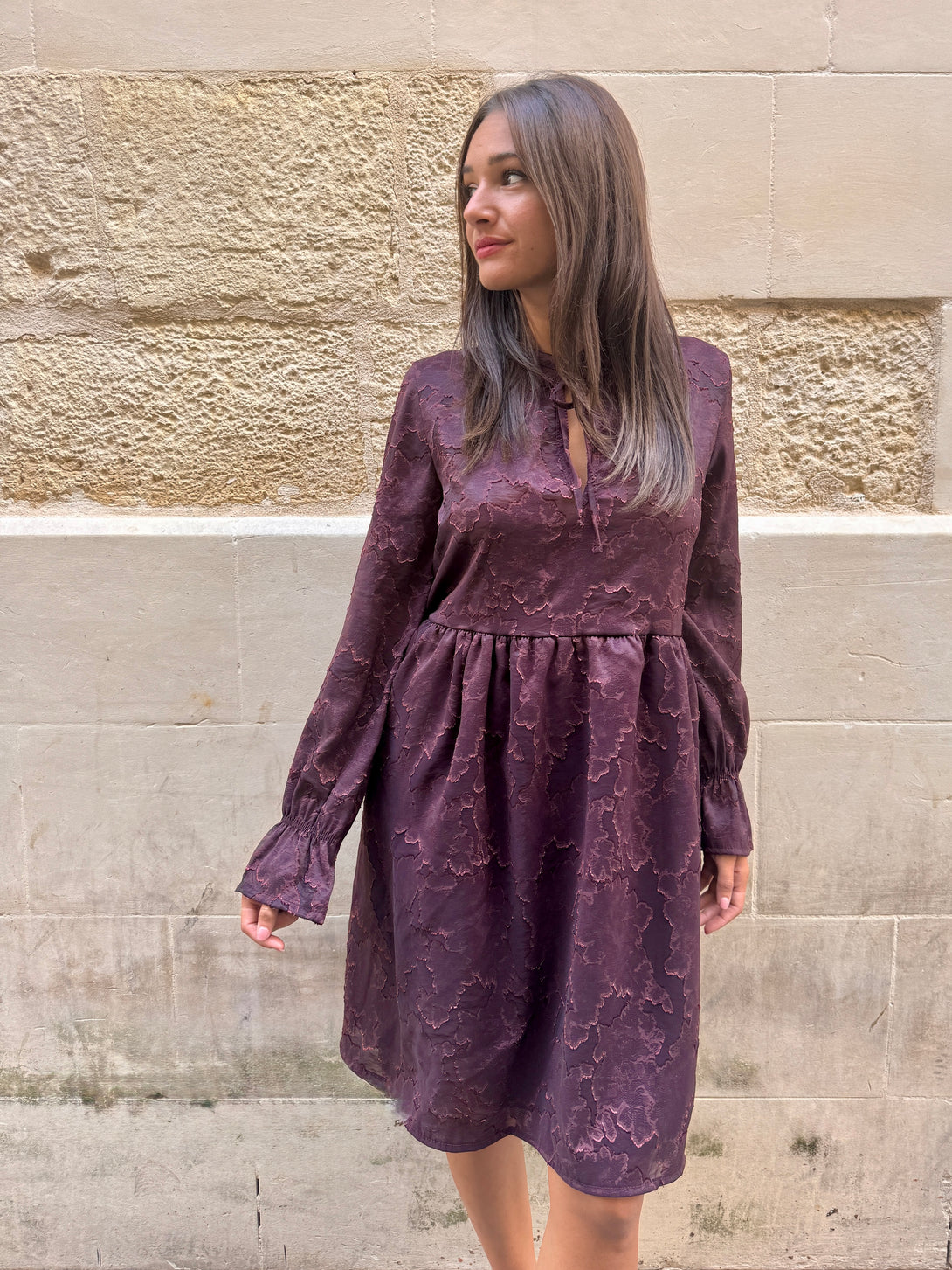 Vestito elegante corto devoré Aimee-vestito-Bijondo-Bordeaux-S-Bijondo