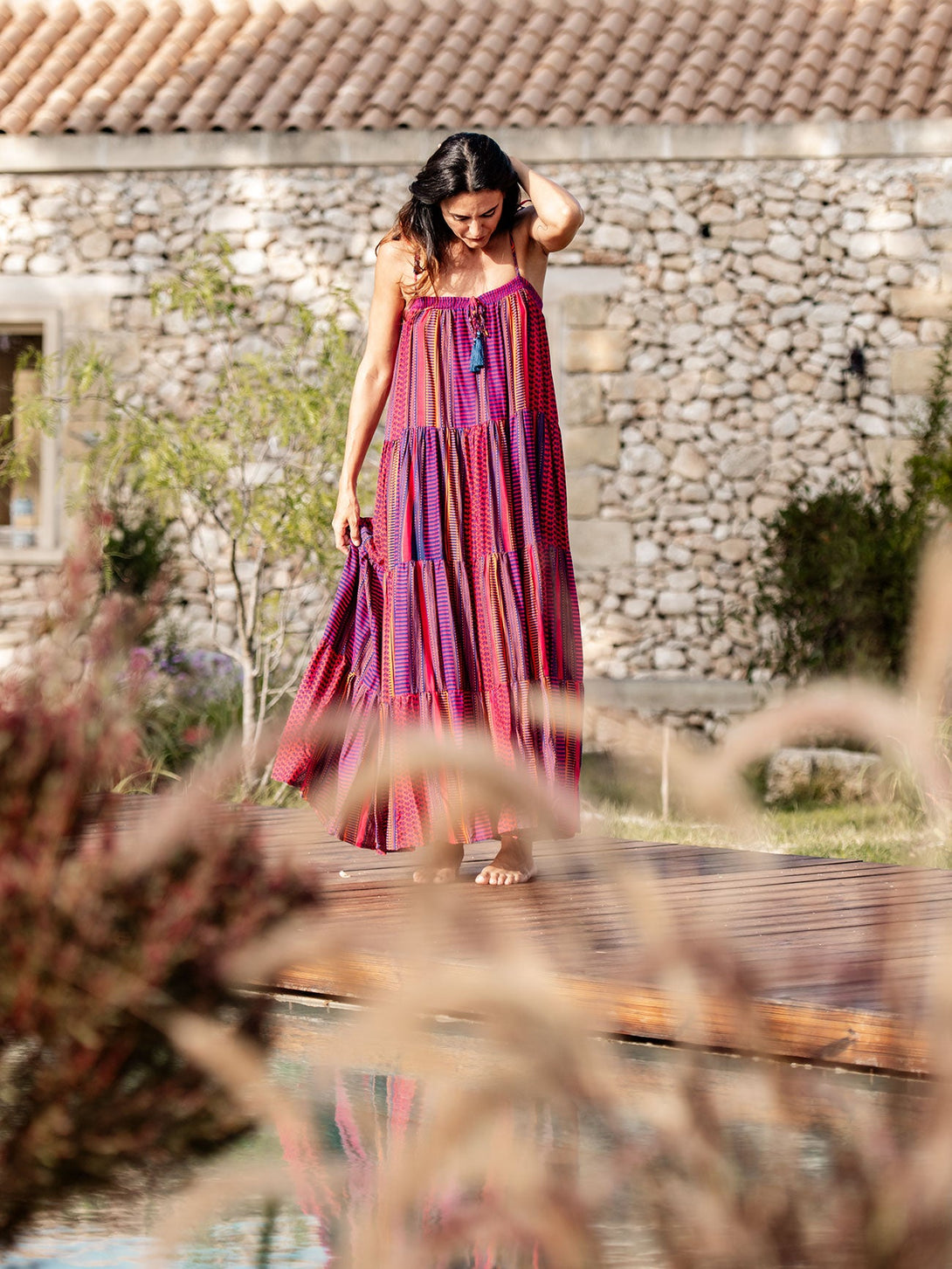 Vestito lungo a balze Flavienne-arancione-taglia unica-Bijondo