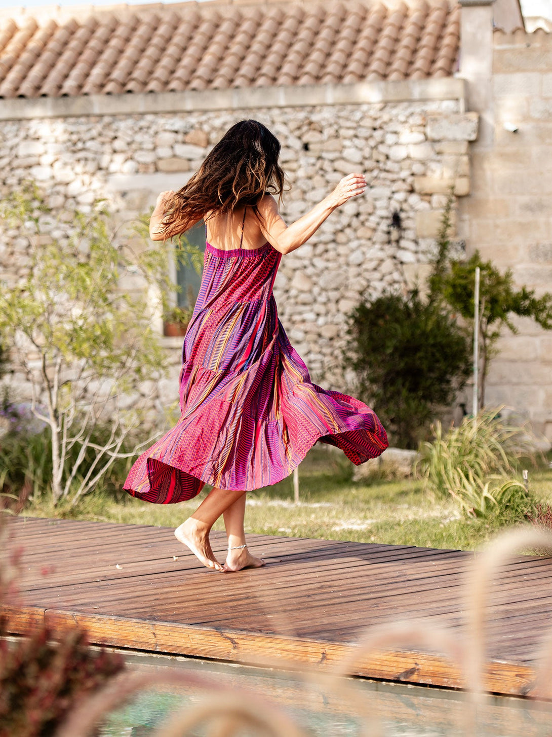 Vestito lungo a balze Flavienne-arancione-taglia unica-Bijondo