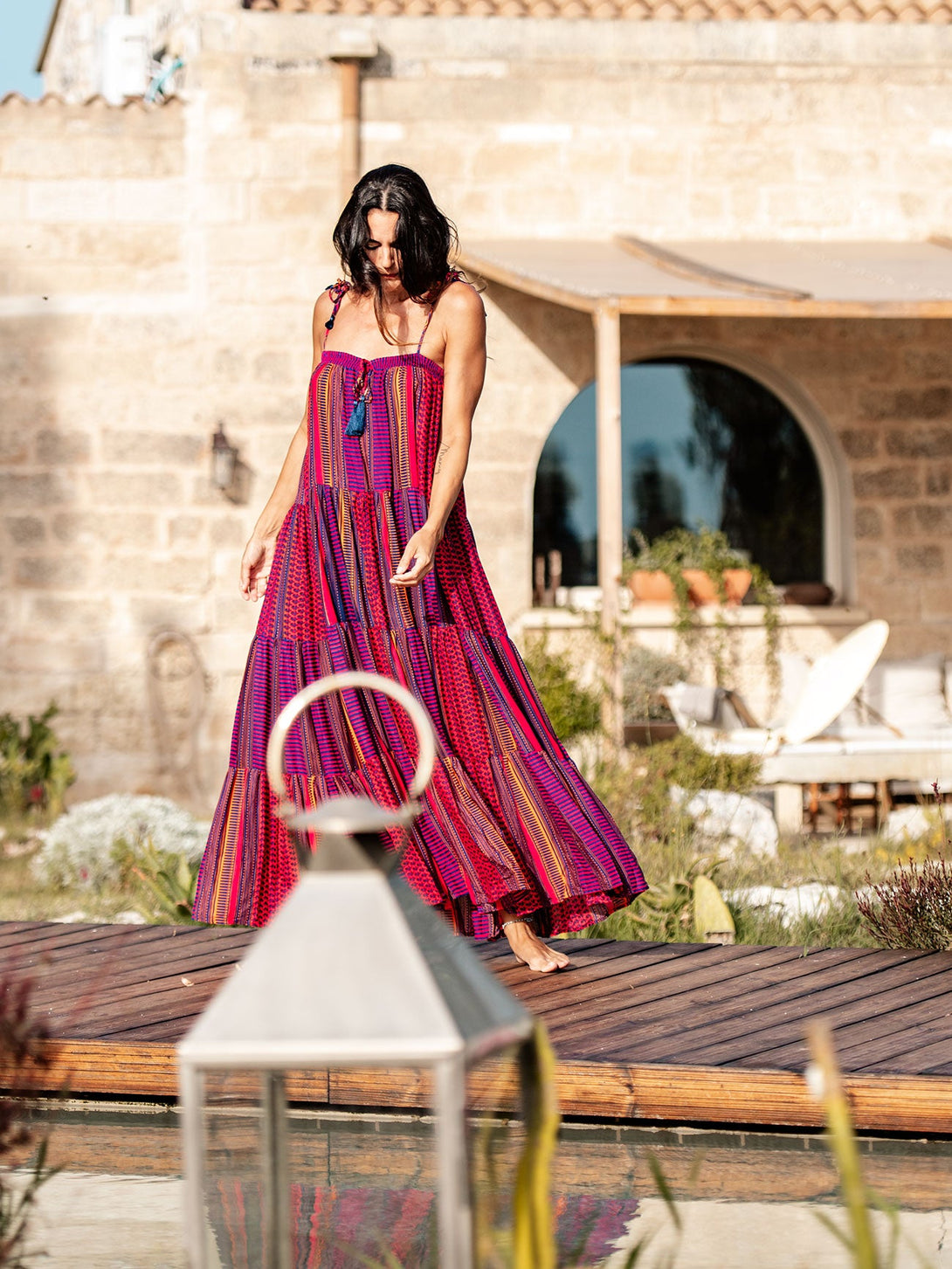 Vestito lungo a balze Flavienne-arancione-taglia unica-Bijondo