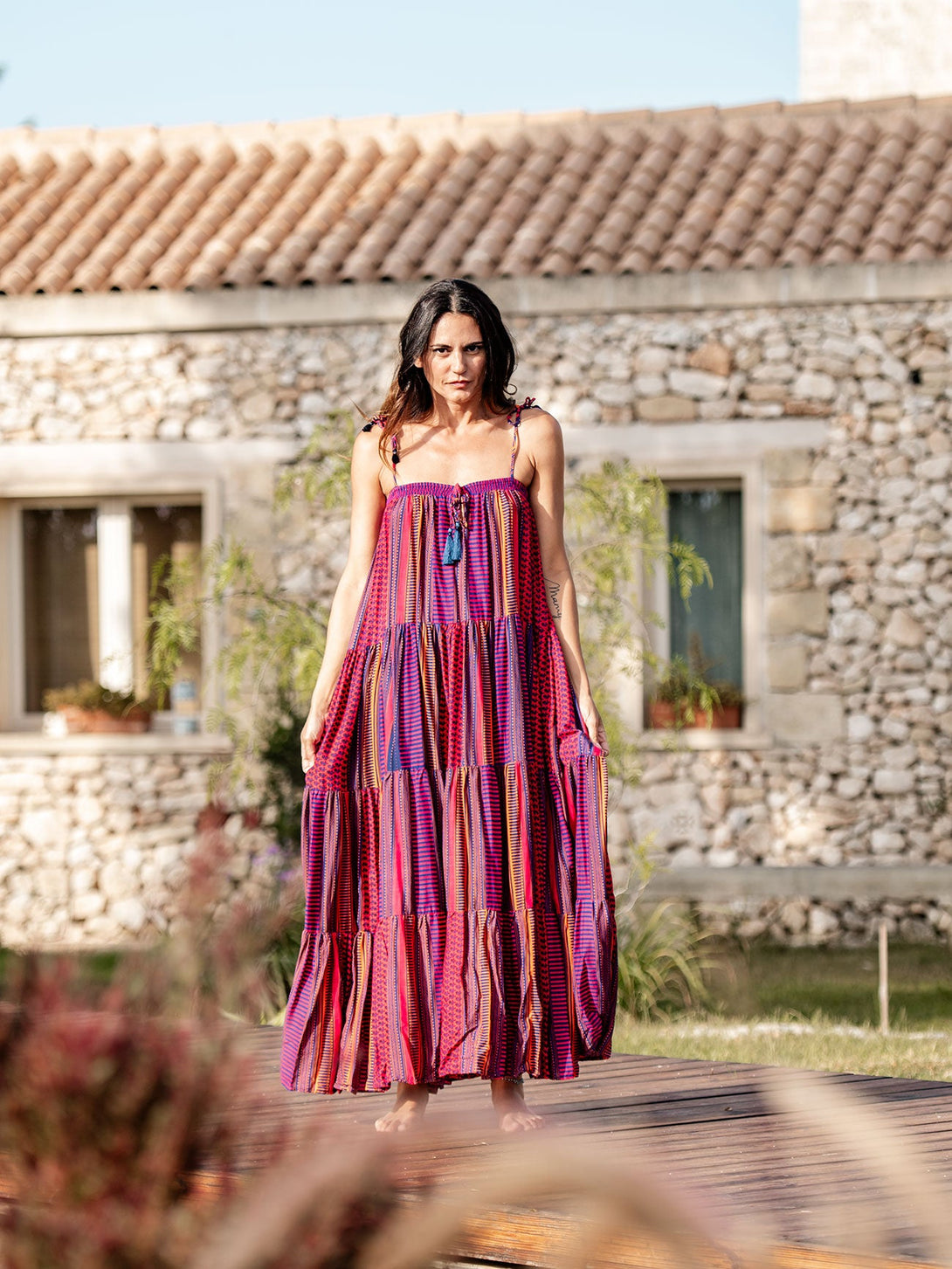 Vestito lungo a balze Flavienne-arancione-taglia unica-Bijondo